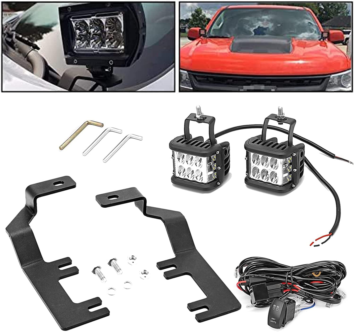 WeiSen 4" 2X 60w LED Side Shot Cube Lights & Low Profile Upper Hood Hinges Ditch Mount Brackets Kit w/Wiring Harness Compatible with Chevy Colorado 2015-2022