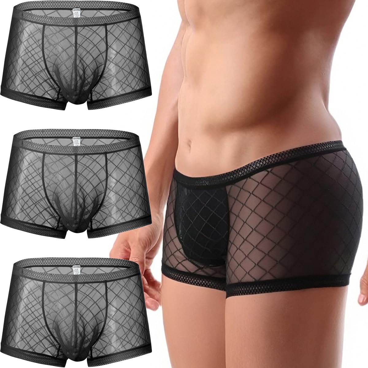 YINYOUYU Mens See Through Boxers Sexy Mesh Lace Trunk Underwear Seamless Thin Bulge Pouch Boxer Briefs