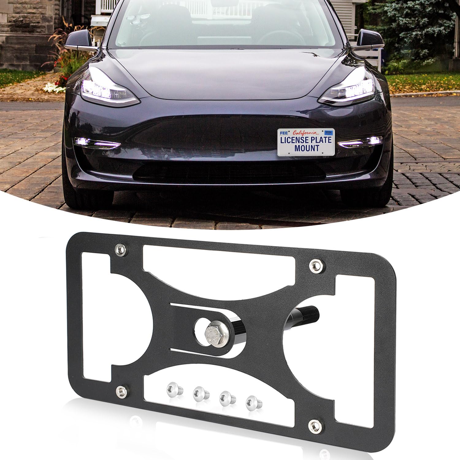 Heavy Duty Front License Plate Frame Compatible with Tesla Model 3 (2017-2025) and Model Y (2020-2025), Rust Proof Tow Hook Car Plate Holder, License