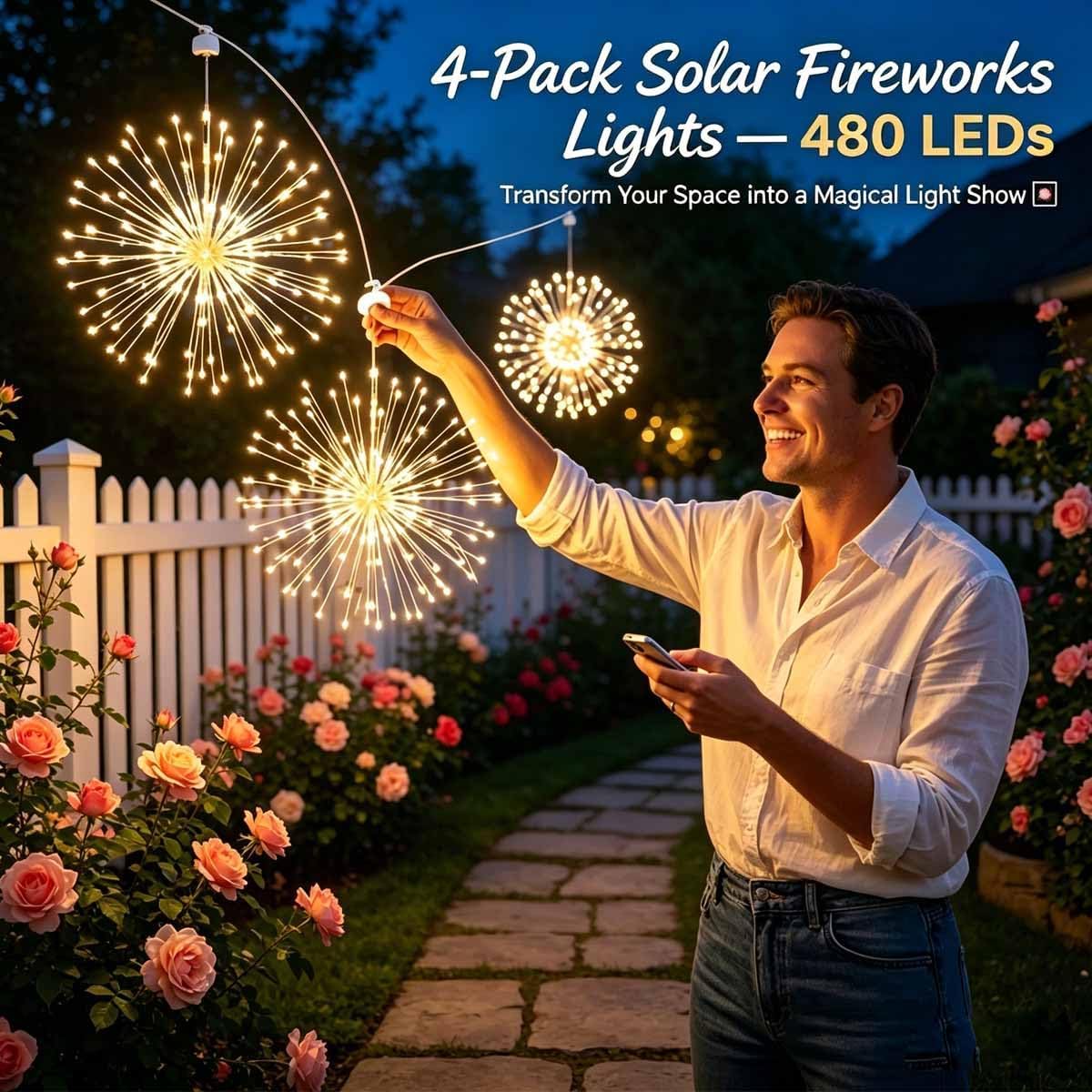 8/6/4-Pack Solar Fireworks Lights (960/720/480 Lights), 8 Colors, Waterproof and Sunproof, Remote Control, Outdoor Garden Decoration, for Flower Beds, Paths, Parties Decorations (4 PCS)