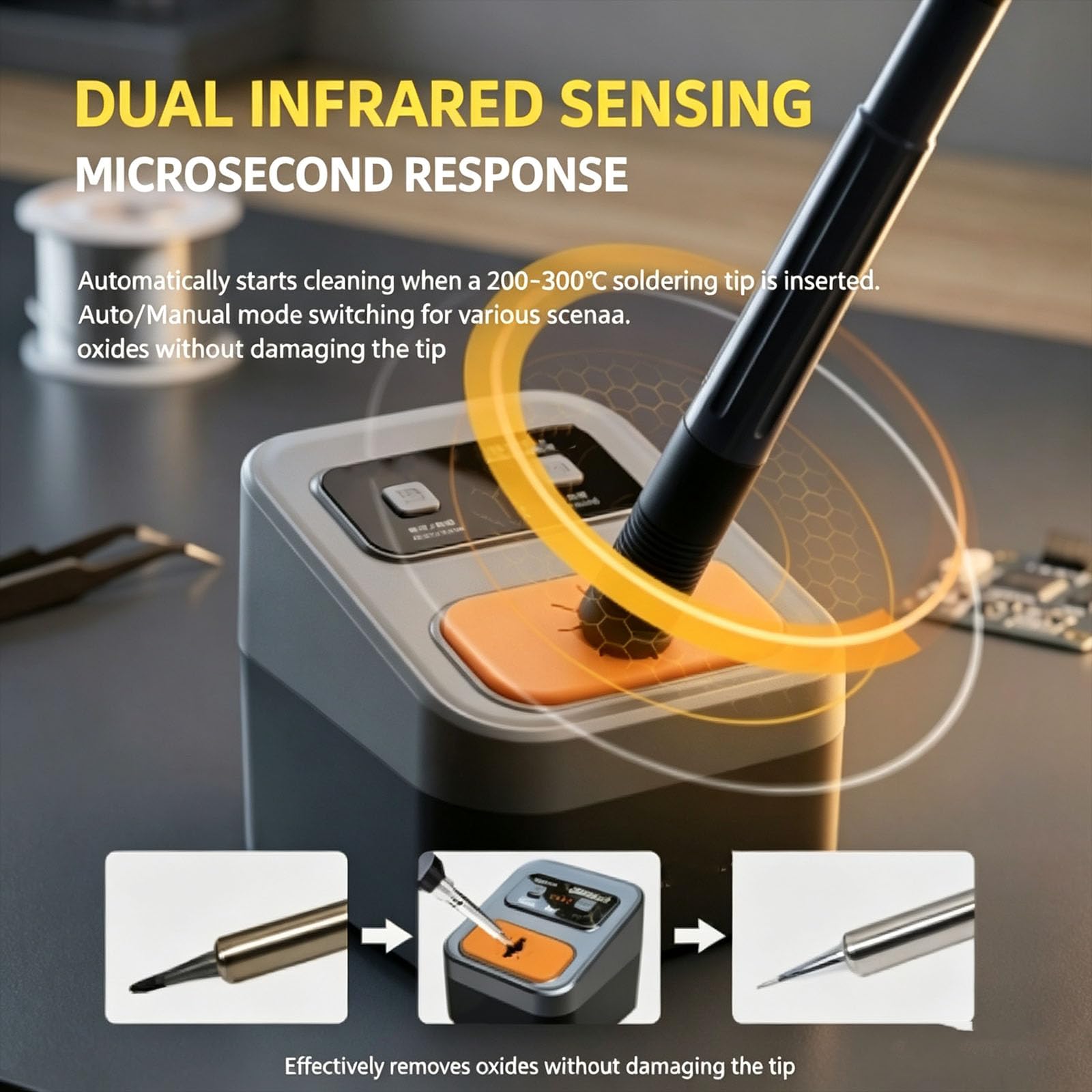 Limpiador De Puntas Inteligente, Limpiador De Puntas De Soldador Con Sensor, 2 Modos De Trabajo, 3 Velocidades Ajustables, Cubierta Superior Magnética, Para Estación De Desoldadura, Reparación