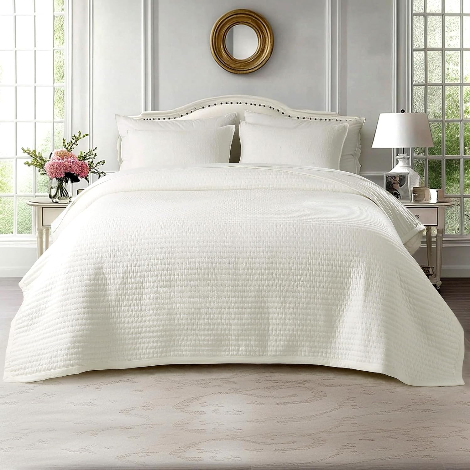 KASENTEX Oversized King Quilt Set 112"x106" – Soft Washed 3-Layer Lightweight California King Bedspread, Minimalist Nordic Design, All-Season Spring & Summer Quilt Set (1 Quilt + 2 Pillow Shams),White White Oversized King