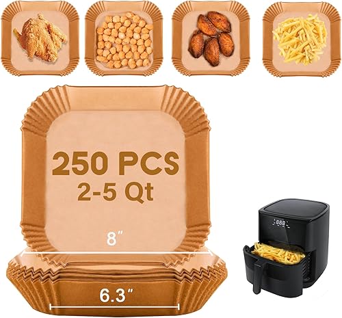 Forro de papel desechable cuadrado 250 piezas para cestas de freidora de aire de 2 a 5 cuartos de galón, forro de pergamino antiadherente a prueba
