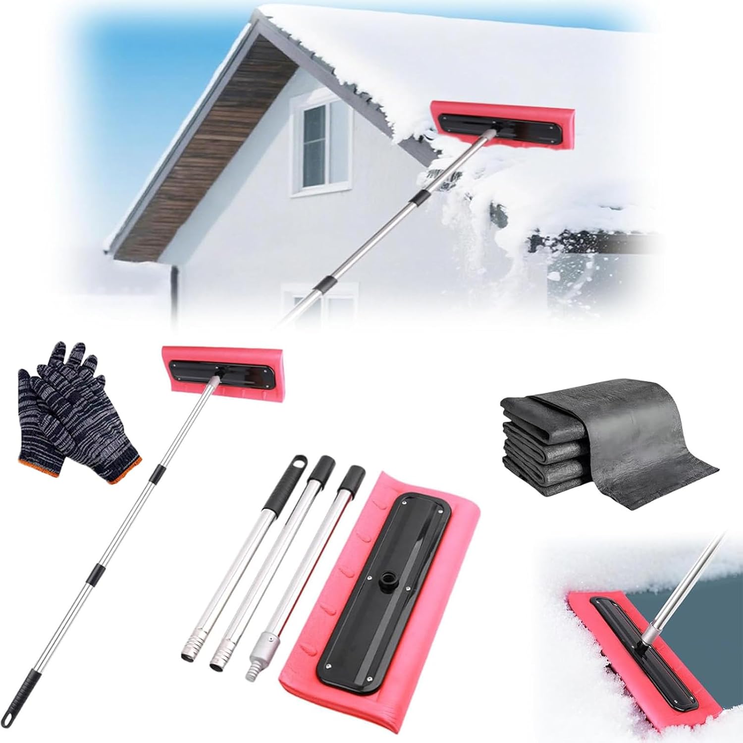 2026 New Adjustable Telescoping Snow Roof Rake(78-157in), Snow Rake for House Roof Telescoping, EVA Push Plate Stainless Steel Telescopic Pole for Roof Car Outdoor Snow Cleaning (78.7in)