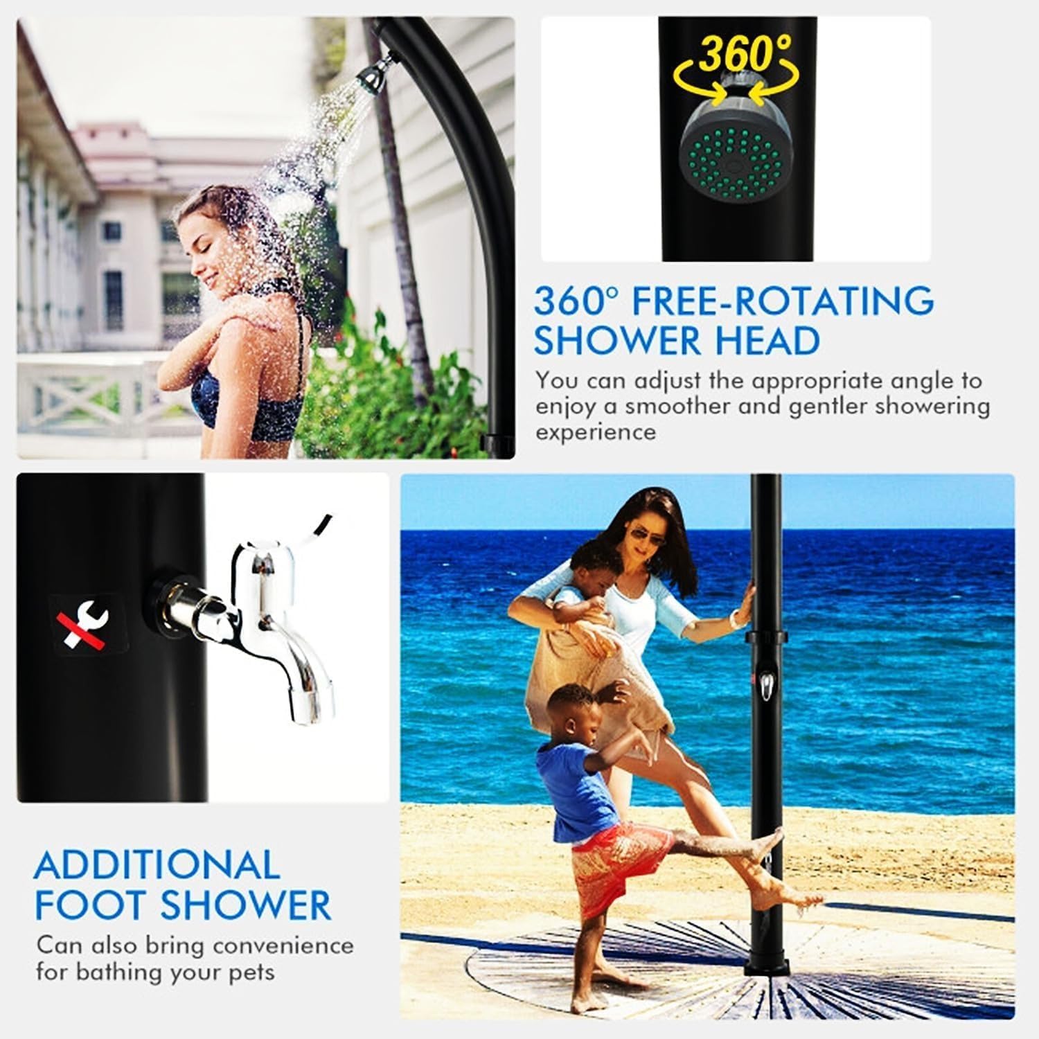 Kit de douche solaire d'extérieur avec pommeau de douche à effet pluie rotatif à 180° et robinet pour lavage des pieds