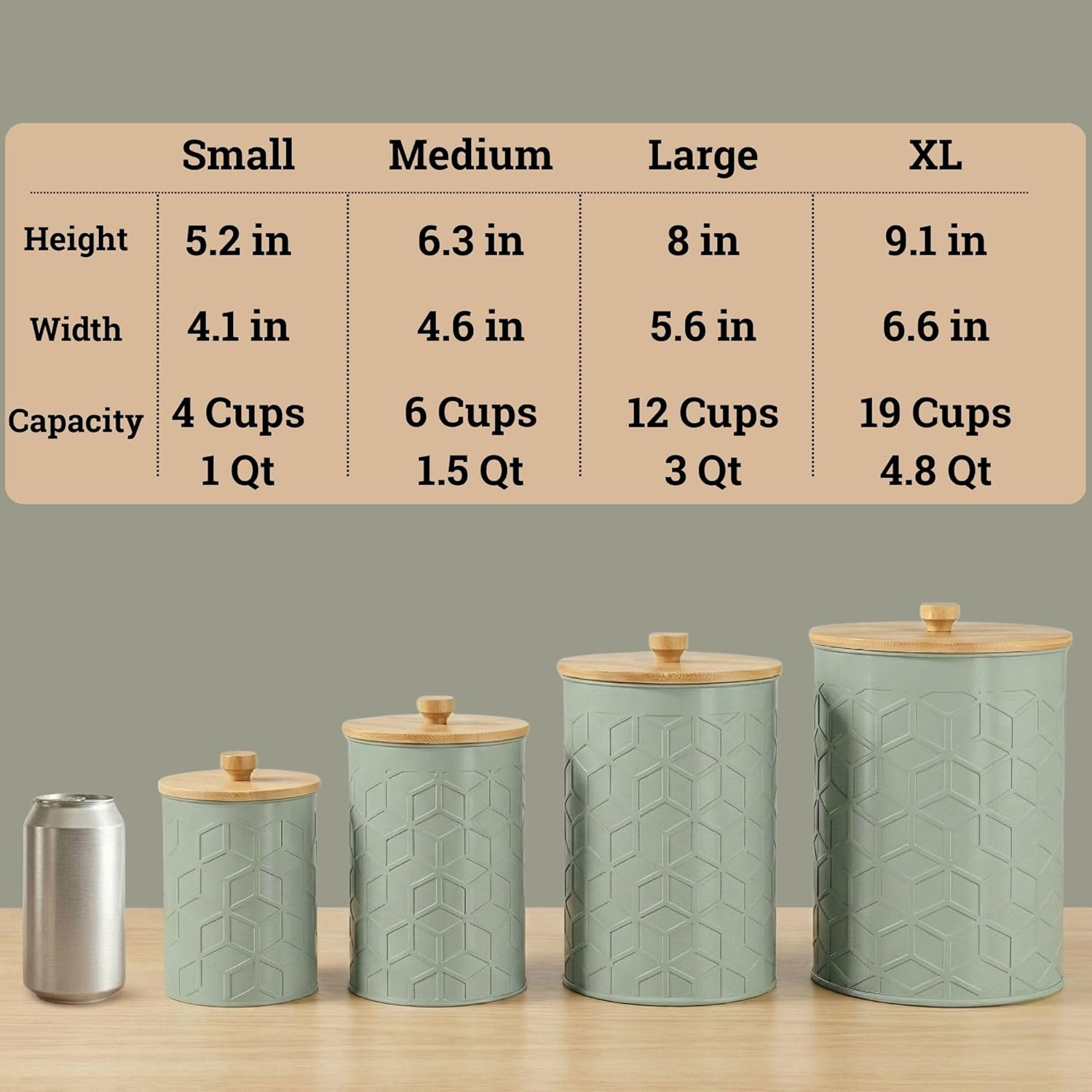 Kitchen Canisters for Countertop Set of 4 - Textured Iron Kitchen Canisters with Airtight Lids - Flour Sugar Canister Set - Flour and Sugar Containers Farmhouse - Coffee Jar for Counter - Sage Jar x4