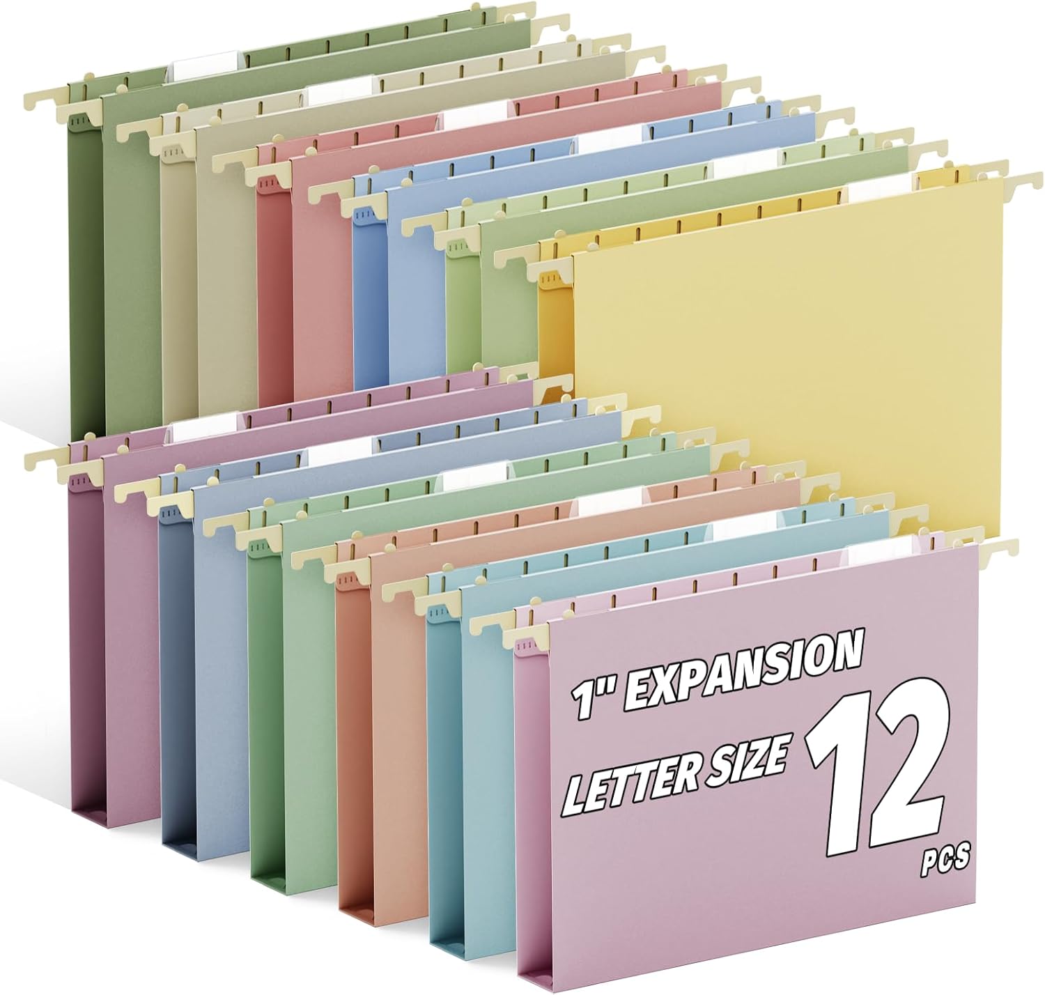 Ansook Plastic Hanging File Folders 12 Pack, 1" Heavy Duty Letter Size Expandable File Folders Hanging with Tabs & Labels, Extra Capacity Hanging Organizers for Office, Home, School Filing Cabinet