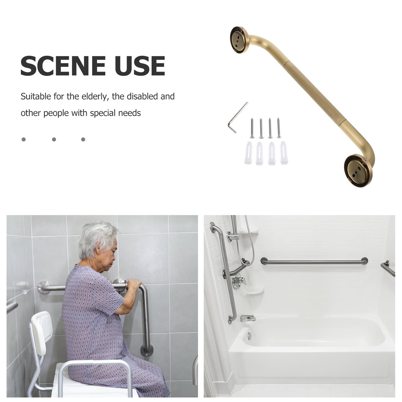 Barra de Apoyo para Baño Dorada de Cobre Antideslizante y Cómoda para Personas Mayores Diseño Humanizado y Estructura Simple para Mayor Seguridad en Ducha y Bañera