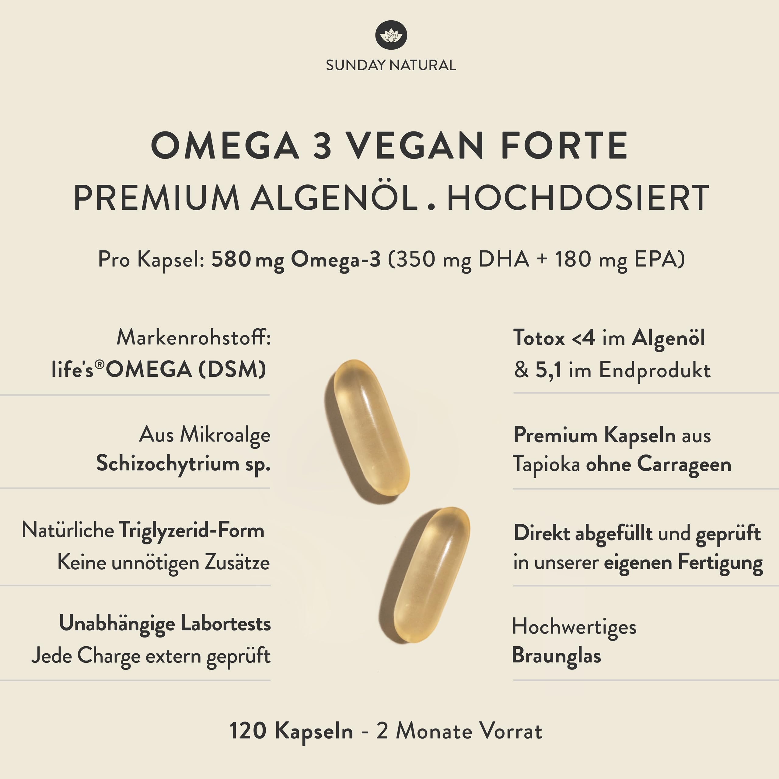 SUNDAY NATURAL® Omega 3 Vegan Forte - 120 Softgel Kapseln - 2.000 mg Algenöl pro Tagesdosis: 700 mg DHA + 360 mg EPA - Omega 3 Kapseln - Laborgeprüft