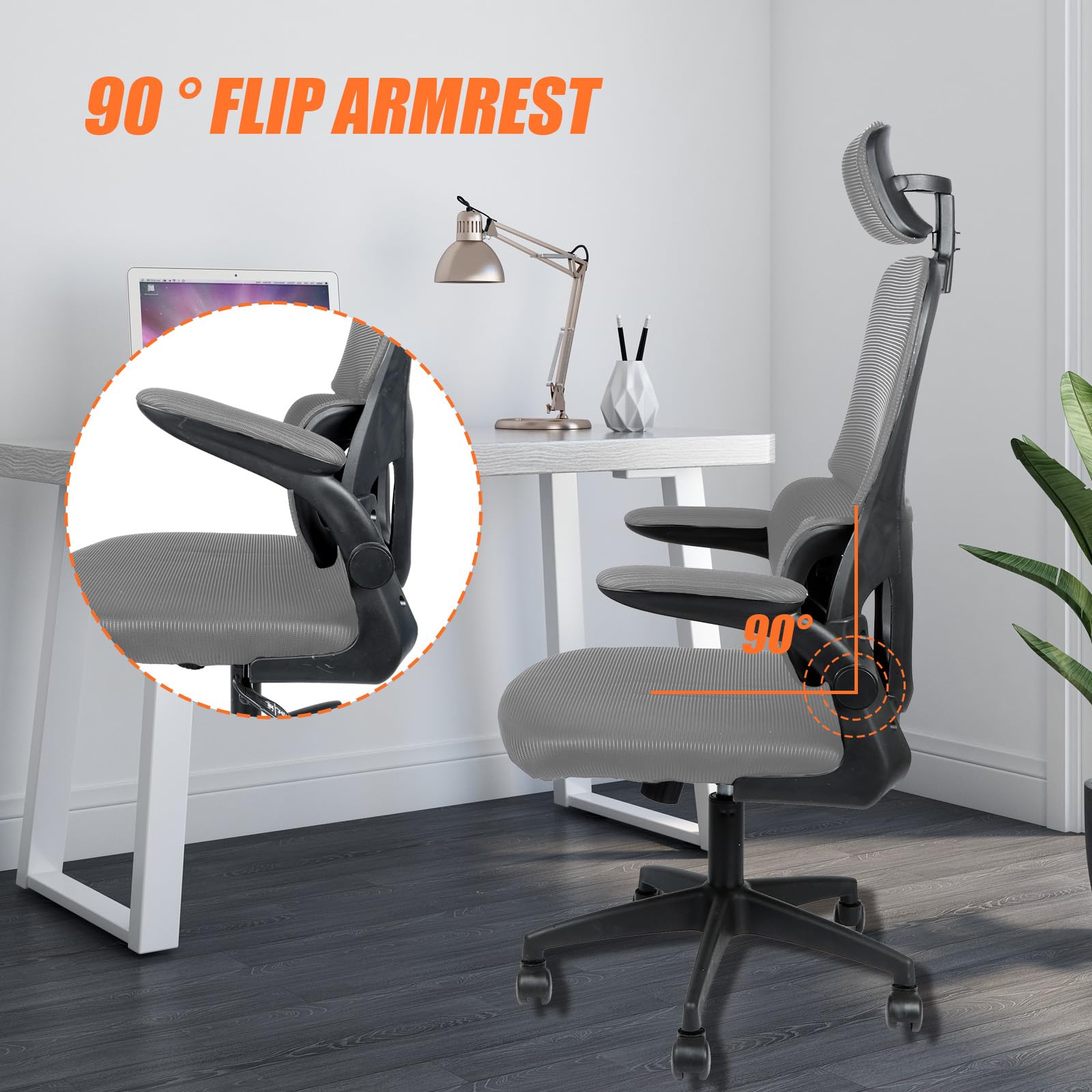 Bürostuhl Ergonomisch Schreibtischstuhl mit Klappbaren Armlehnen, Mesh Drehstuhl mit Dynamischer Lordosenstütze & 115° Wippfunktion, Verstellbare Kopfstütze für Home Office,Grau