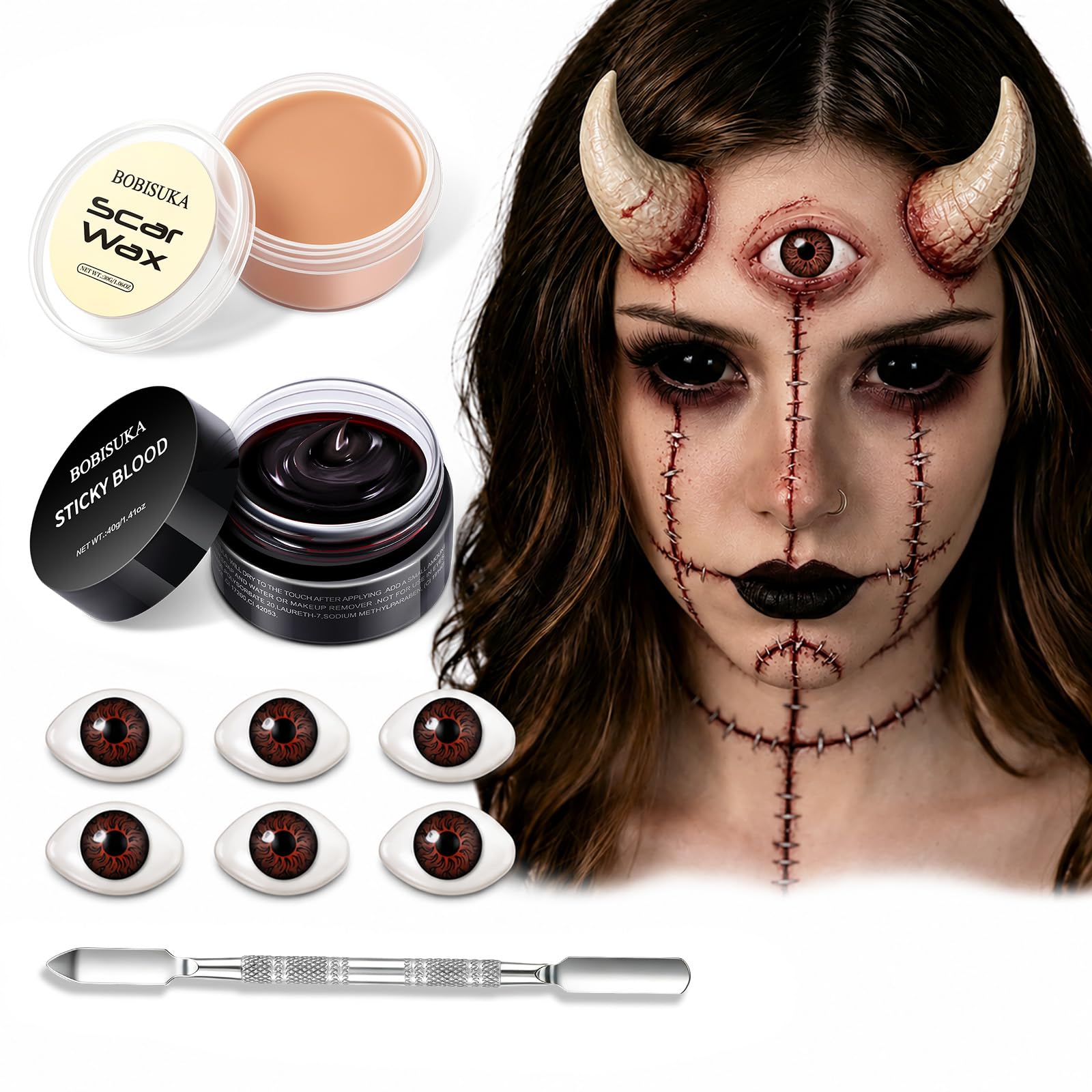 Halloween SFX Makeup Kit - Special Effects Makeup Set Includes Fake Blood Gel, Scar Wax, Eyeball Makeup Accessory & Spatula for Popped-Eye Zombie, Three-Eyed Monster & Third-Eye Demon Makeup Looks