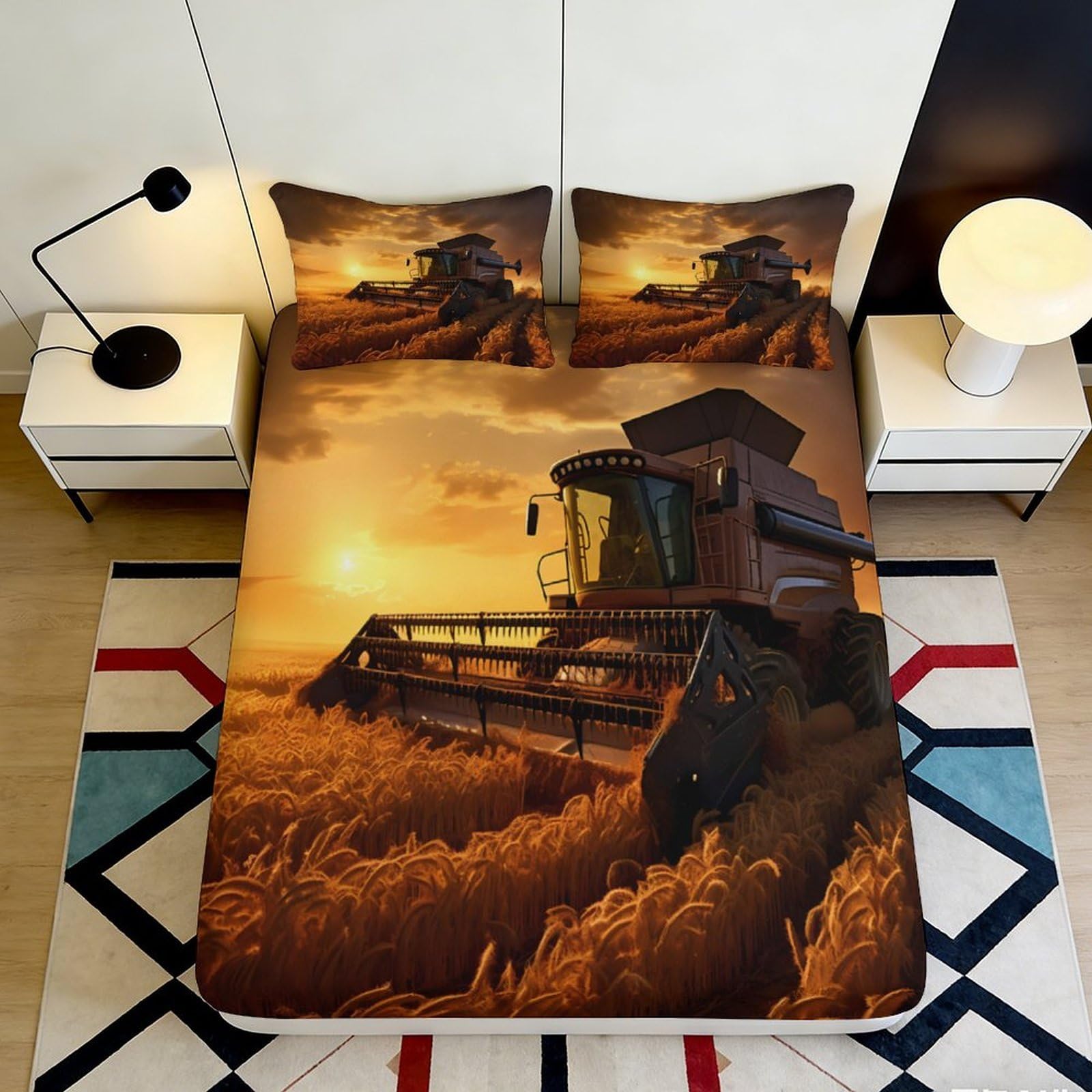 Pnayamiorkfel Style-4 3D Printed Harvest Sunset Tractor Fitted Sheet Microfiber Wheat Field Bed Cover Anti-Slip Machine Washable Bedroom Decor 90X200x25cm