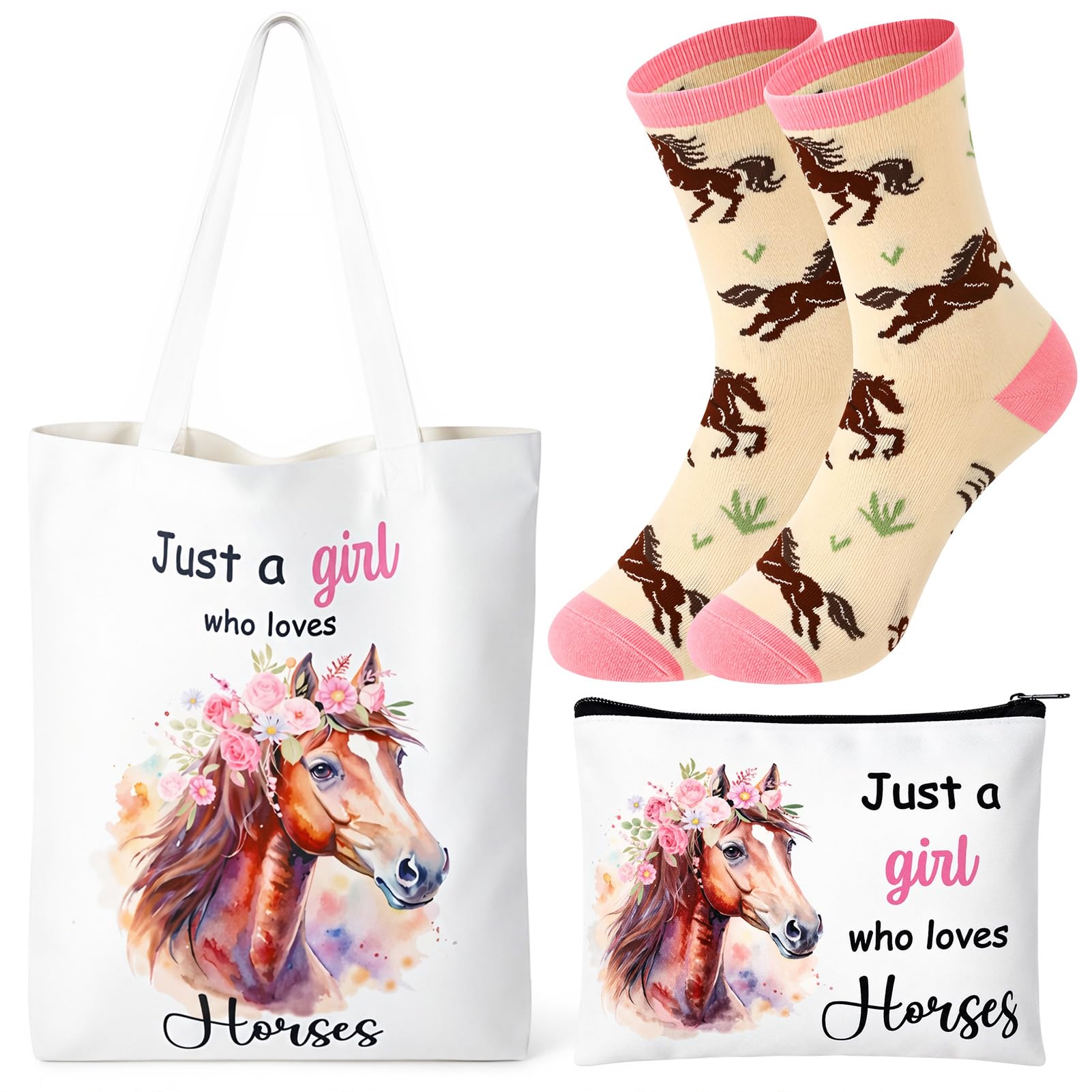 ViEinkaufen Horse Gifts for Girls Women,Tote Bag,Makeup Bag and Socks