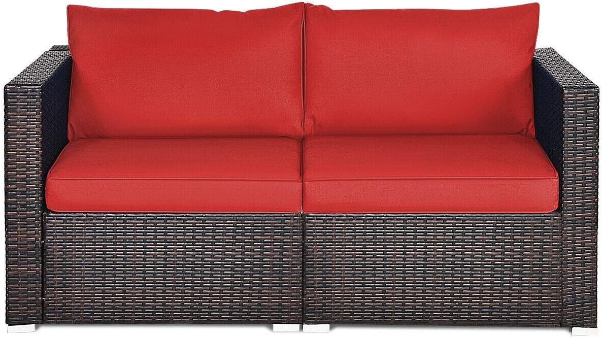 Red 2PCS Patio Corner Sofa Conversation Set Thick and Soft Cushion Wide Armrest Aluminum Foot Pads Steel Frame Durable Hand Woven Rattan Perfect for Backyard Balcony Terrace Poolside Use