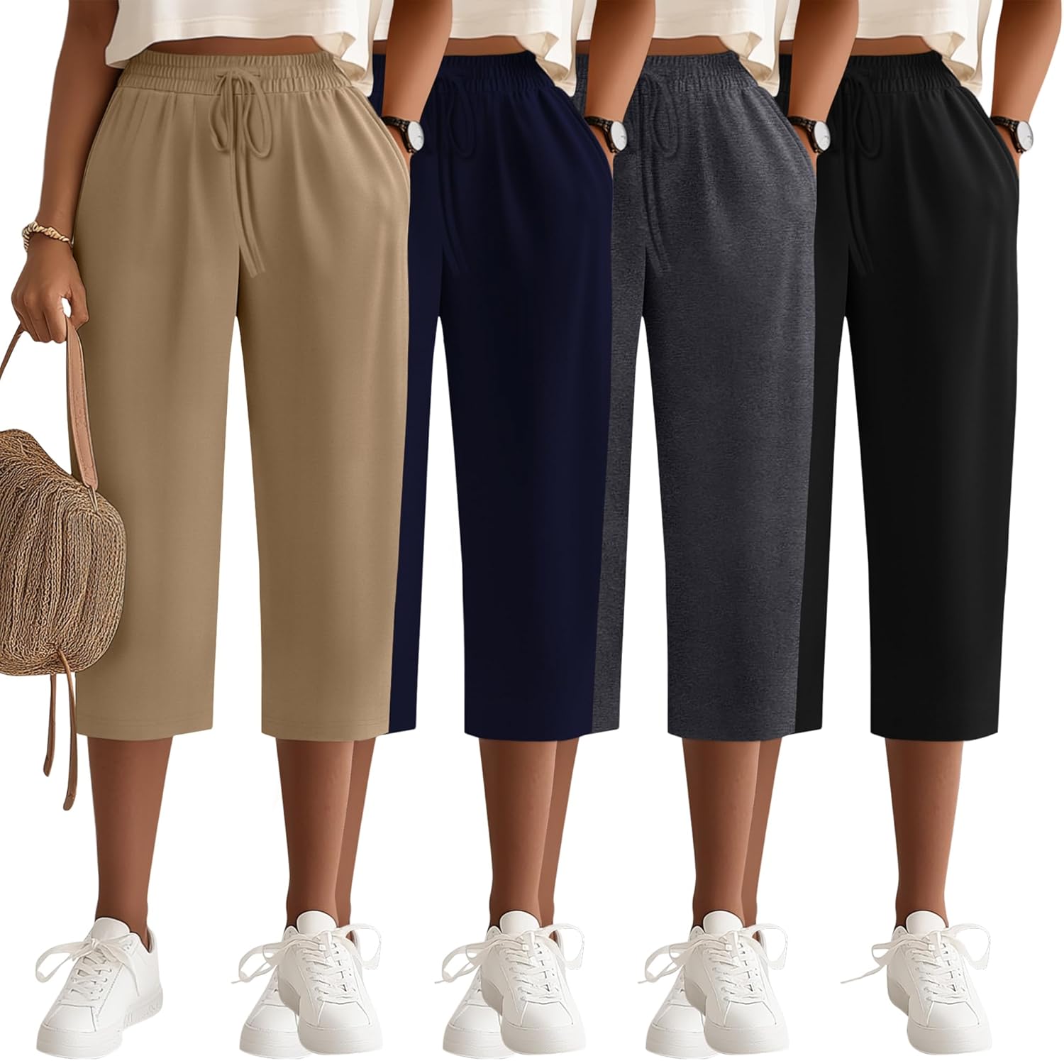 Neer 4 Pack Women's Capri Pants, Cotton Drawstring Yoga Capri Sweatpants Summer Lounge Loose Fit Cropped Pants with Pockets