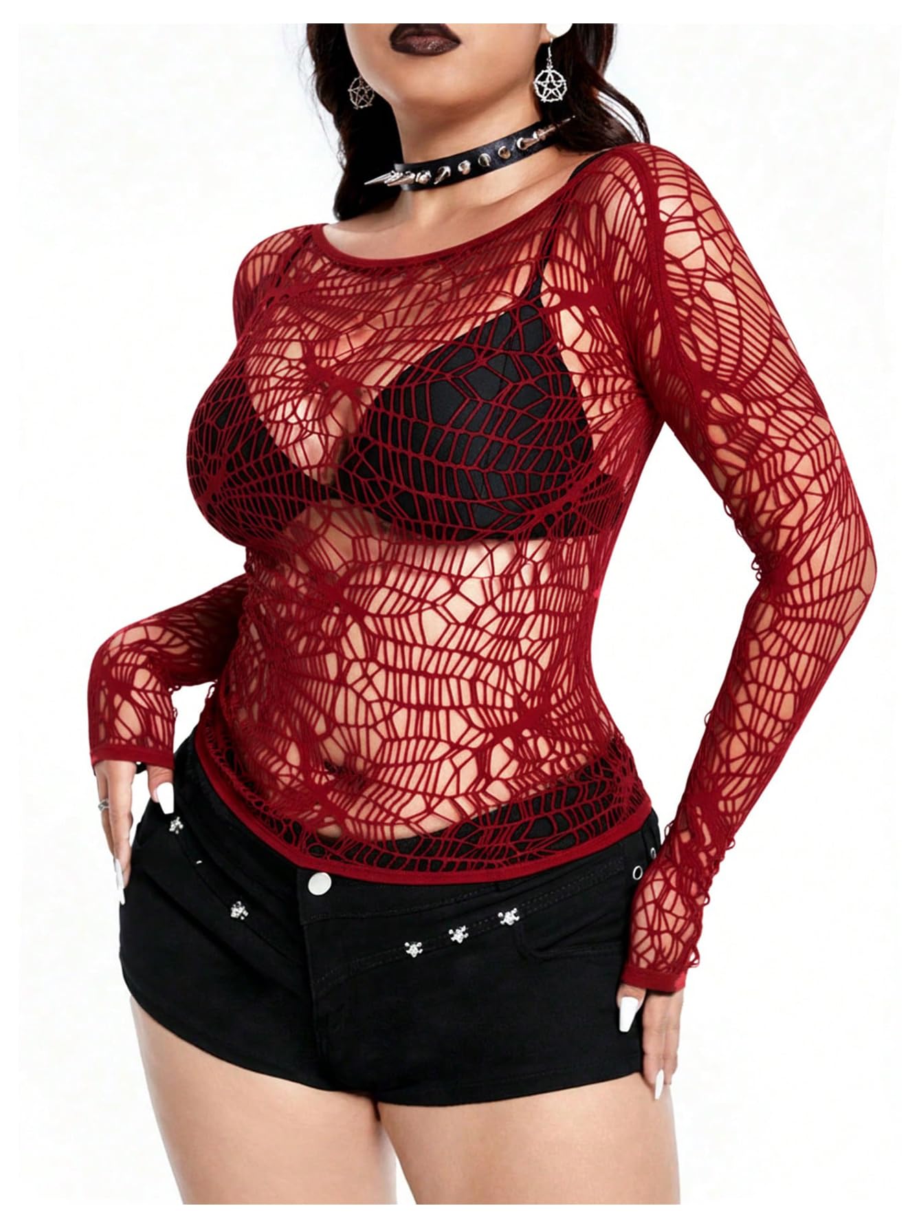 GORGLITTER Women's Fishnet Crochet Tops Rave Goth Concert Party Y2K Sexy Outfits Long Sleeve Boat Neck Going Out Top: One Size Red