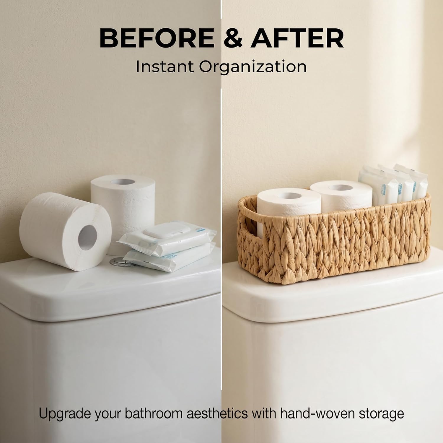 Woven Toilet Paper Holder Basket 2-Pack Water Hyacinth Wicker Bathroom Toilet Paper Storage Narrow Small Toilet Basket Tank Topper Over The Toilet Storage Durable Living Room, Kitchen and Bedroom