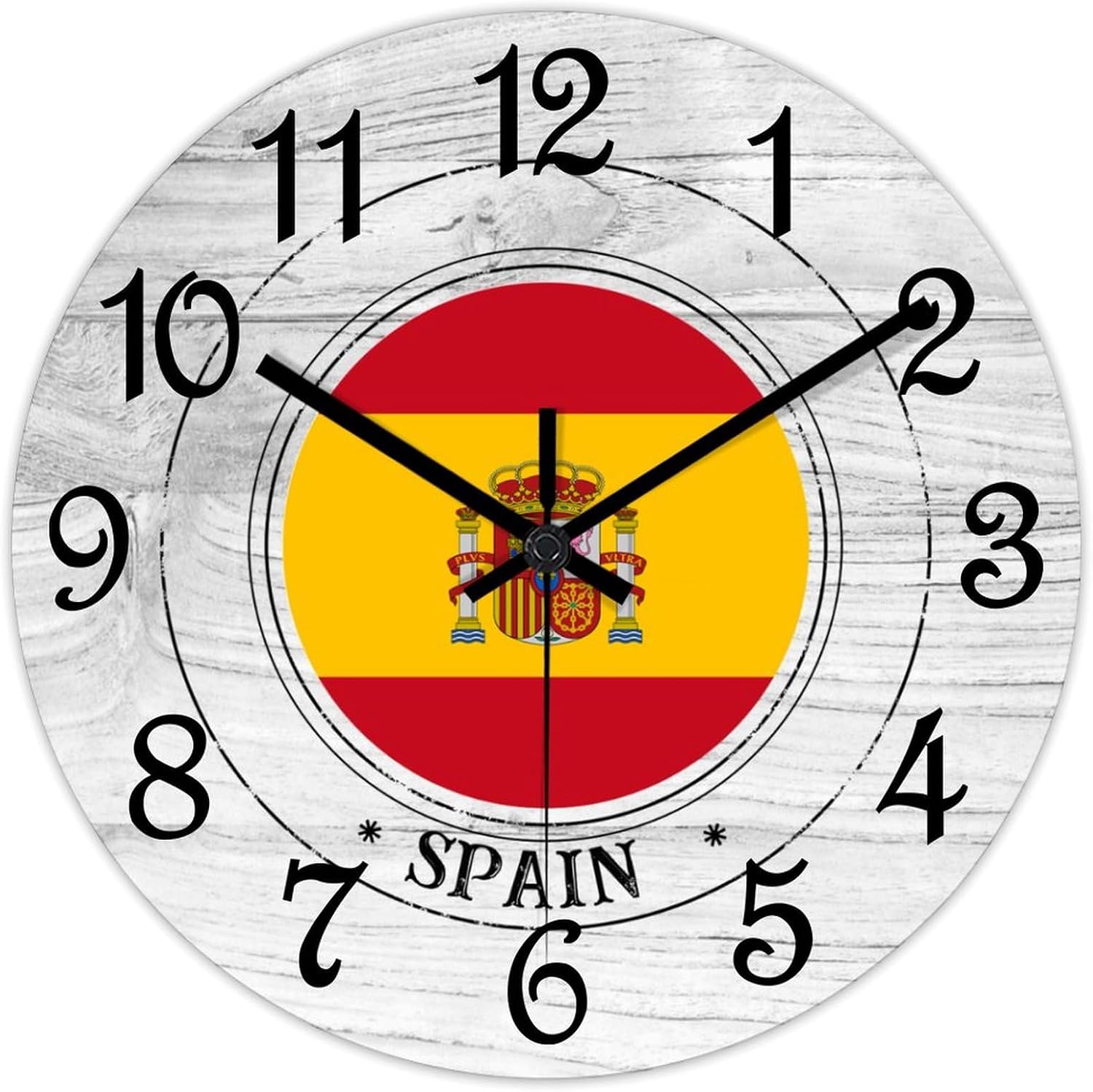 Spain Flag Wooden Wall Clock Spain Hanging Wall Clock Battery Operated Non-Ticking Sweep 12 Inch Rustic Chic Farmhouse Wall Clock for Wall Laundry