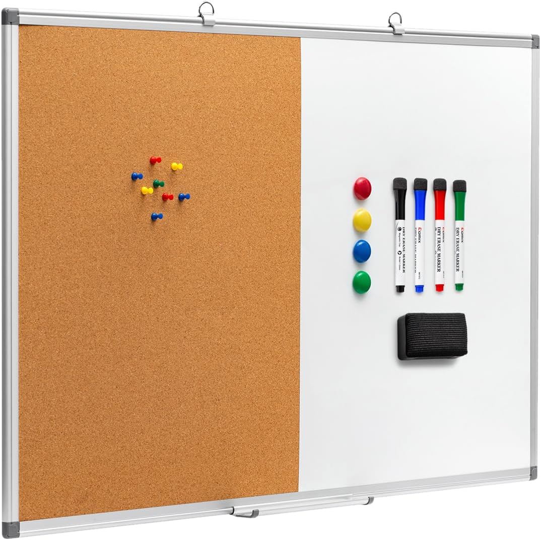 Comix Magnetic Whiteboard & Cork Combo, 36 x 24 Inches Wall Vision Board | Magnetic whiteboard & bulletin Board combo, contains 4 markers, 4 magnets, eraser and push pins