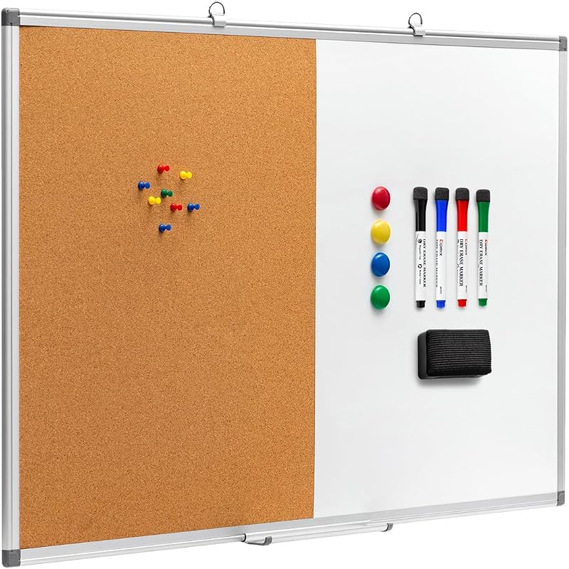 Comix Magnetic Whiteboard & Cork Combo, 36 x 24 Inches Wall Vision Board | Magnetic whiteboard & bulletin Board combo, contains 4 markers, 4 magnets, eraser and push pins