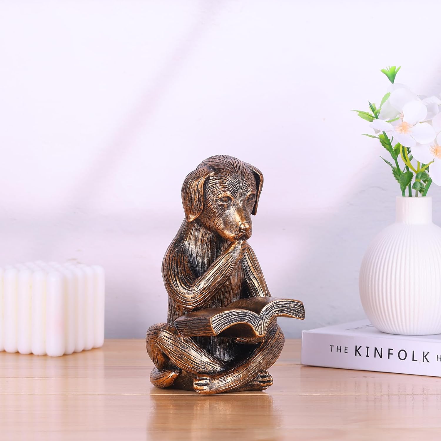 Dog Figurine Resin Reading Statue – Sitting Pup Sculpture for Bookshelf, Desk & Bookcase Decor, Cute Shelf Sitter Collectible, Dog Lover Gift, Whimsical Figurines, Desk Animal Decor
