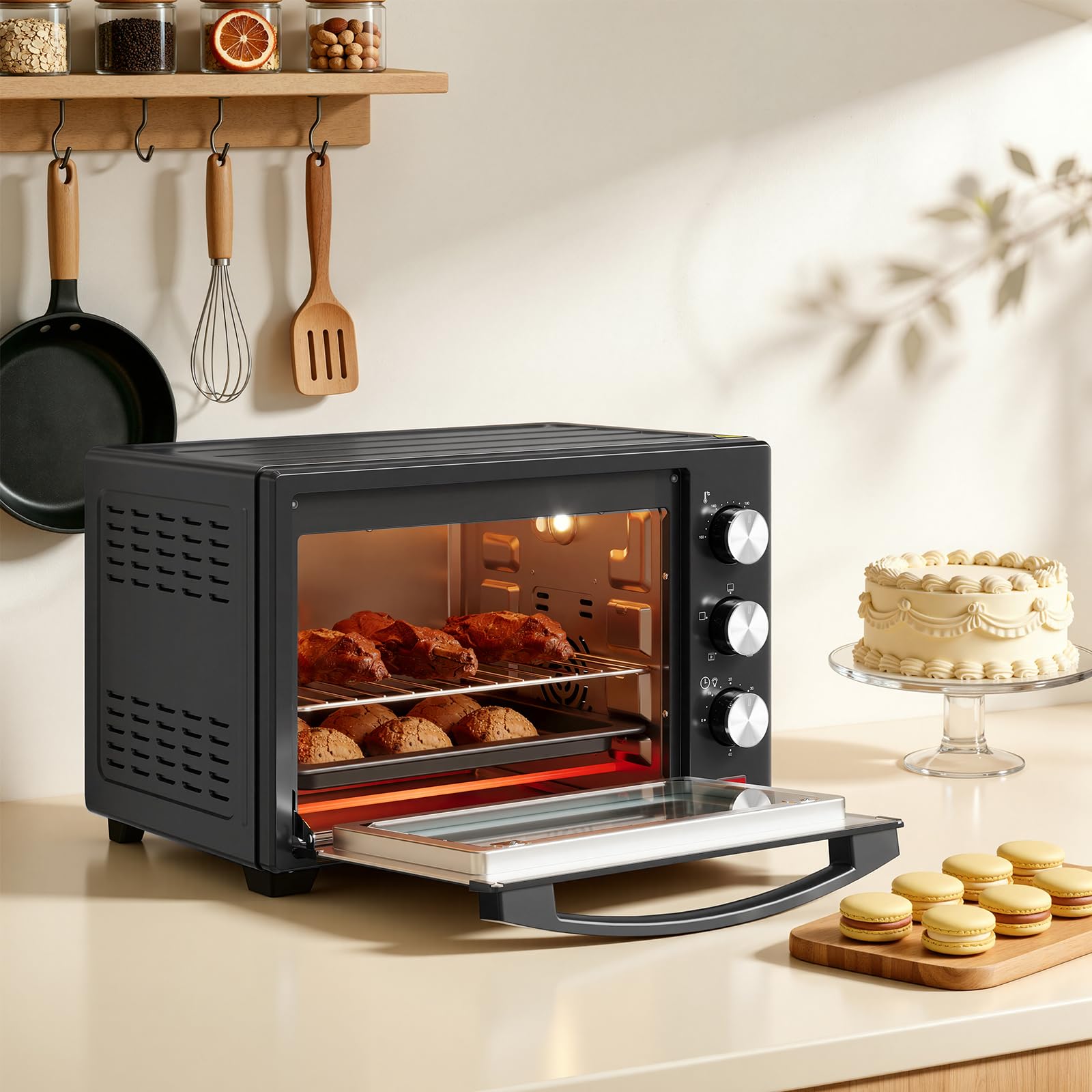 WOLTU Mini Backofen mit Umluft 28 L, Pizzaofen 1600 W, 100-230 °C, Timer 0-60 Min., 3 Heizmodi, inkl. Backblech Grillrost Krümelblech Rostheber, Mini Ofen für Backen Braten Auftauen Erhitzen, Schwarz