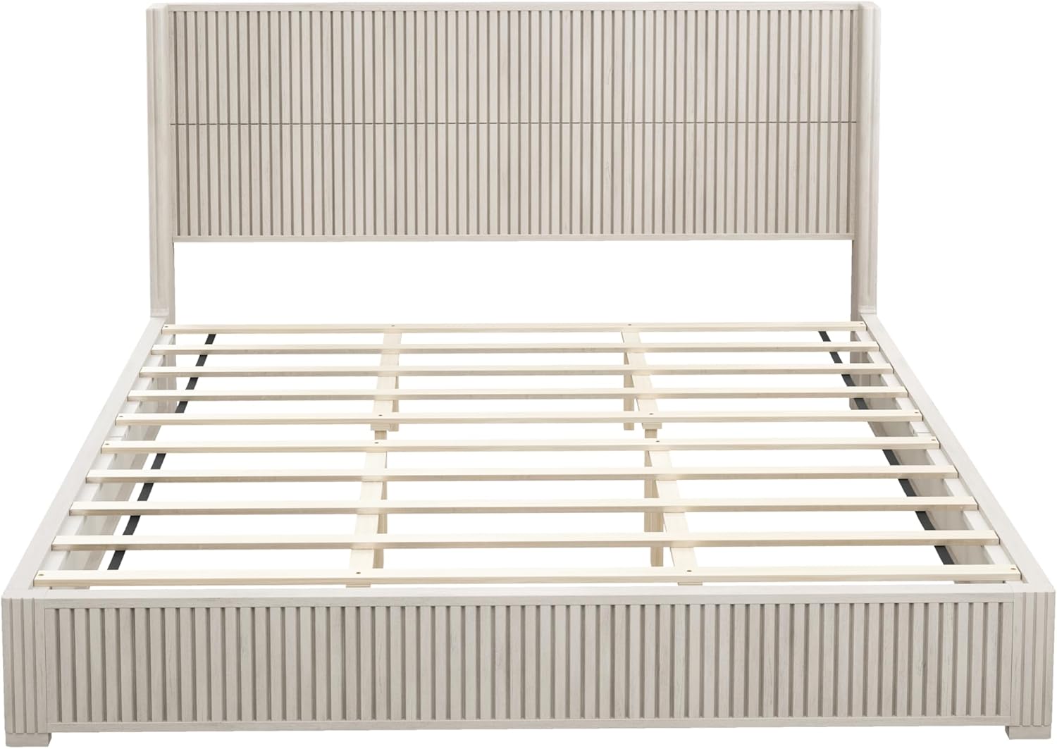 King Size Solid Wood Platform Bed Frame with wingback Headboard, Wood Platform Bed Frame Low Profile with 80.04" Headboard, Solid Wood Leg/No Box Spring Needed/Noise Free/Beige