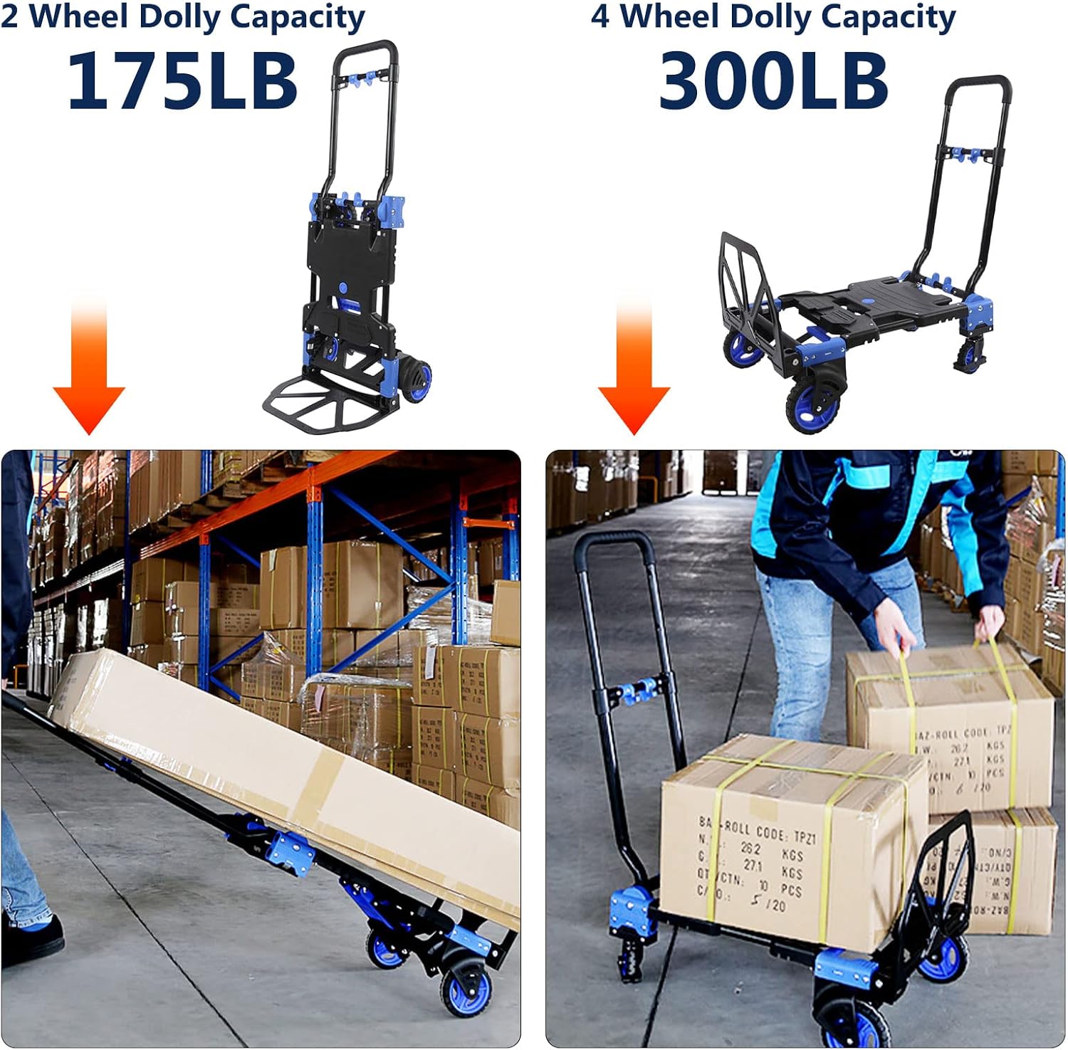 2 in 1 Folding Hand Truck Heavy Duty 330LB Load Carrying Convertible Dolly Cart with Retractable Handle and 4 Rubber Wheels for Luggage Personal Travel Mobile Office (Hand Truck with Basket)
