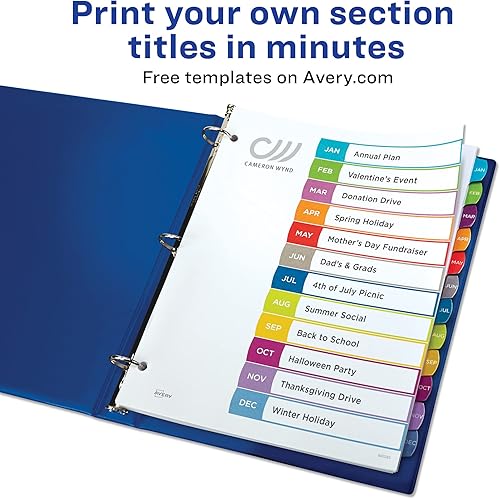 Miniatura 2 de Avery Jan-Dec - Divisores personalizables de tabla de contenido para carpetas de 3 anillas, juegos de 12 pestañas, multicolor, 3 juegos de