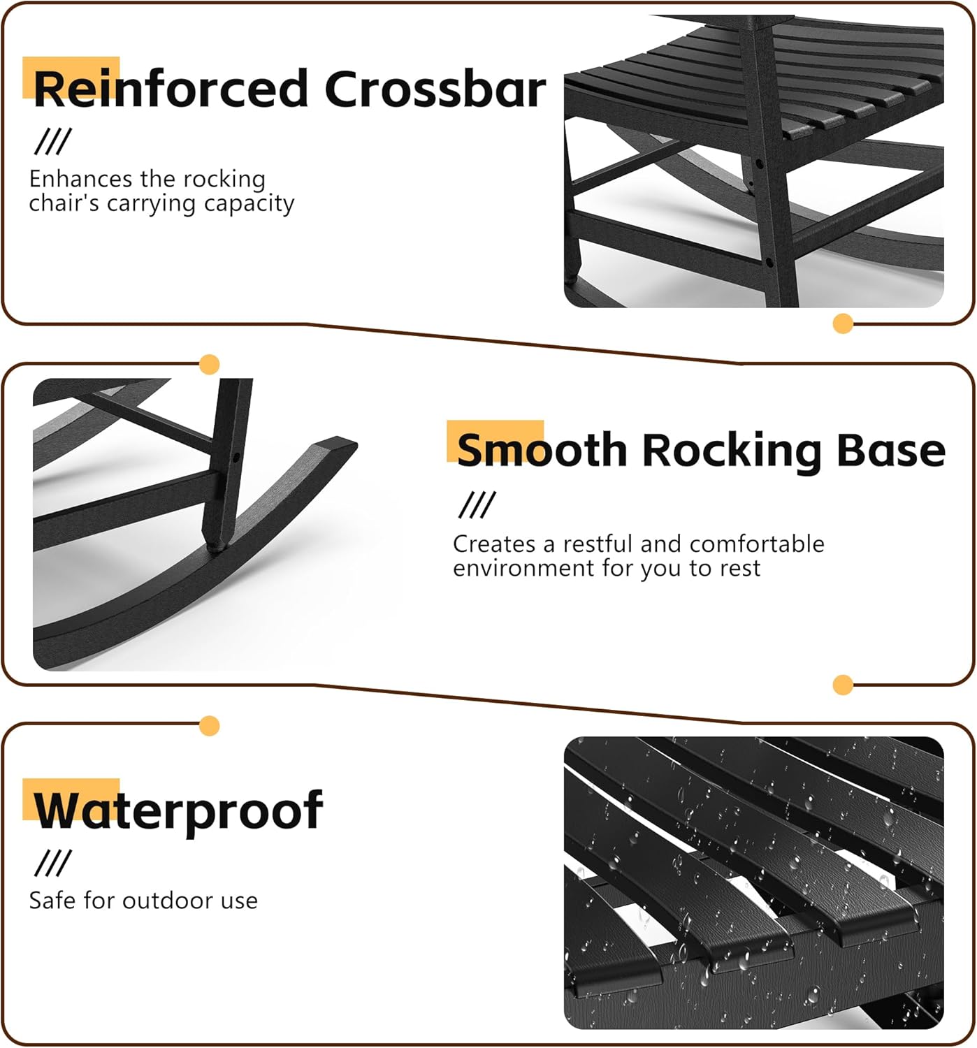 Patio Rocking Chair Outdoor Set of 1,Weather Resistant Poly Resin Oversized Porch Rocker,High Back Smooth Design,350lb Weight Capacity,Indoor Outdoor Use