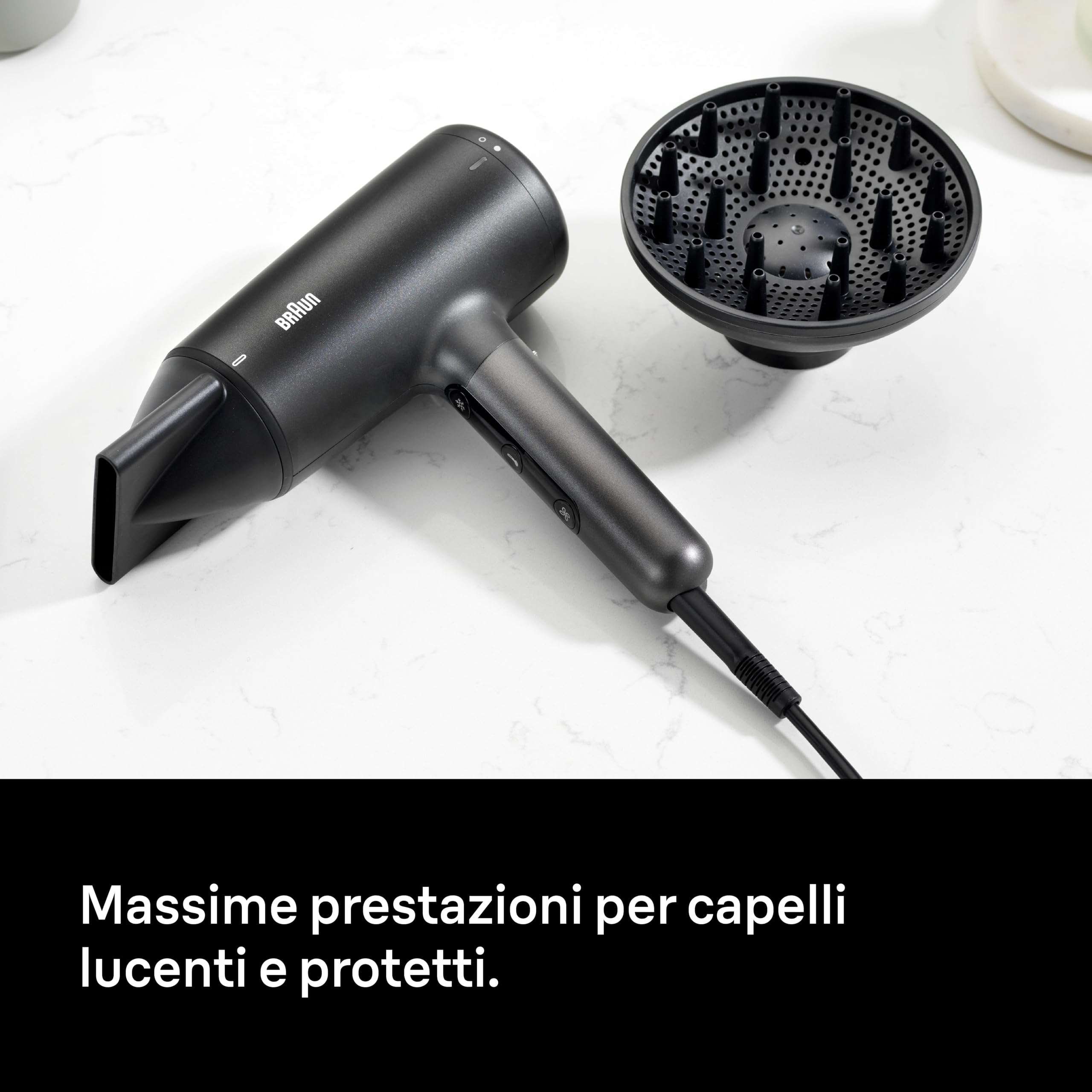 Asciugacapelli Braun HD4.2, alte prestazioni, diffusore e concentratore, Super IONTEC, motore HTDC 2100W, 3 temperature e 3 velocità, Satin Black metallizzato, protezione, risultati ottimali, BRHD425E