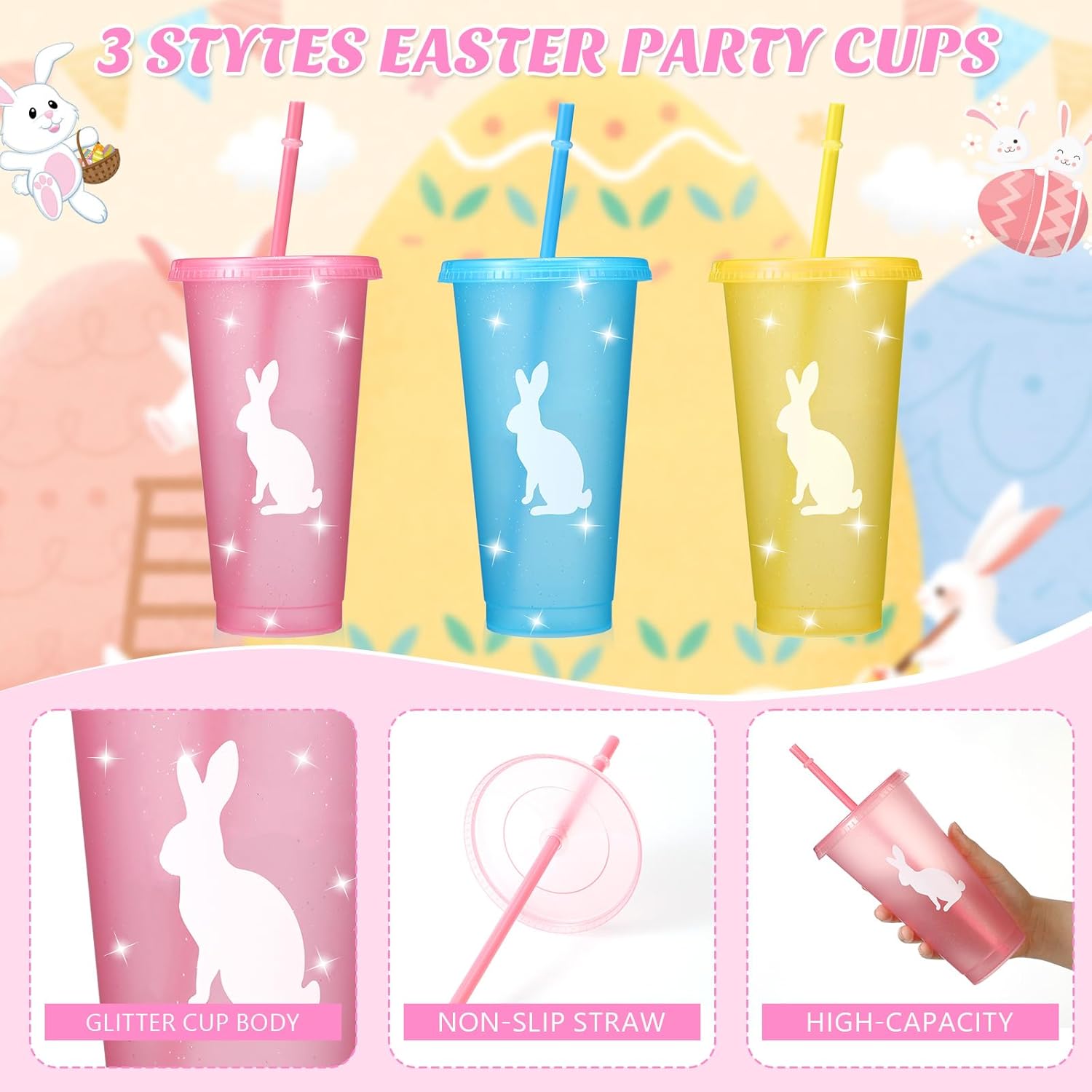 Qinyoung 12 Pack Easter Plastic Tumblers with Lids and Straws 24 oz Easter Bunny Cups Bulk Colorful Reusable Cups for Easter Party Favors Supplies Beverage Ice Coffee Beer Juice - Image 4