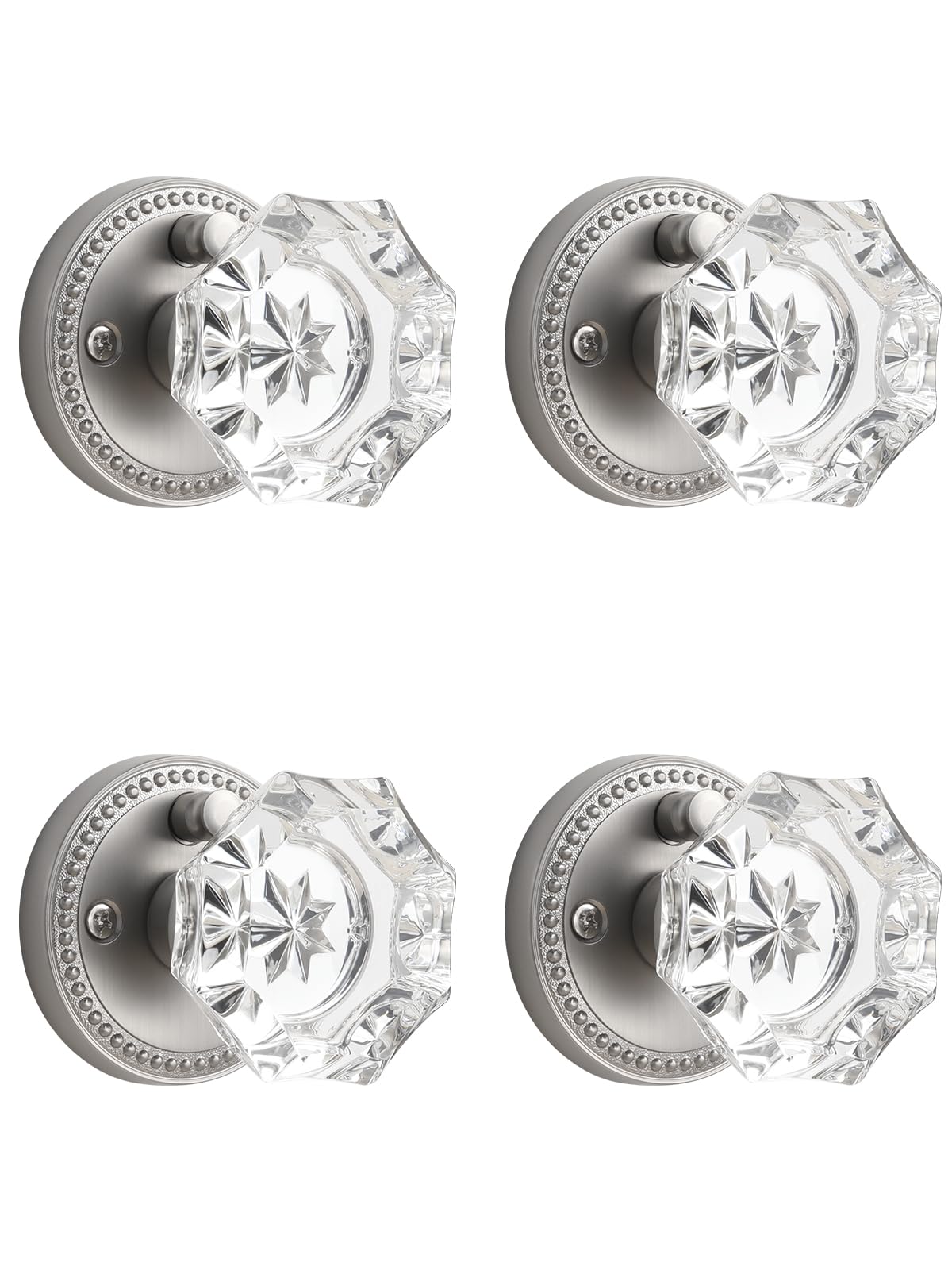 SORWDUERM 4 Pack Satin Nickel Knobs Crystal Door Knob Interior Brushed Nickel Privacy Door Knob for Bedroom and Bathroom Glass Silver Door Knob Zinc