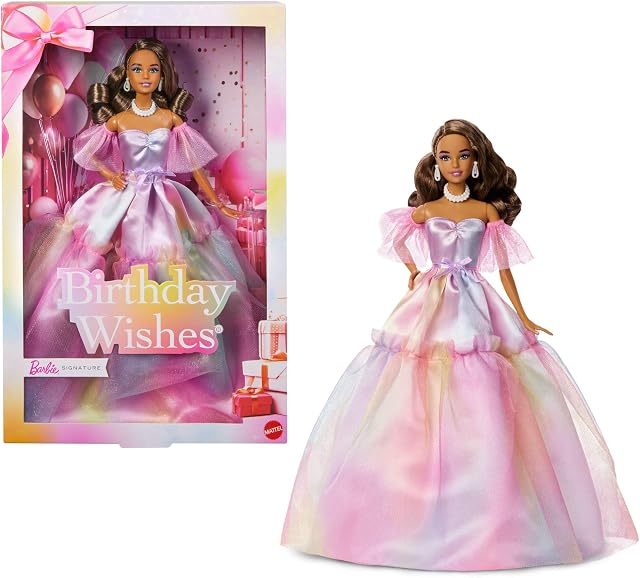 Barbie Signature Amoureux d'anniversaire Poupée de mode avec cheveux bruns avec effet pastel arc-en-ciel, Jouet collectionnable avec emballage cadeau