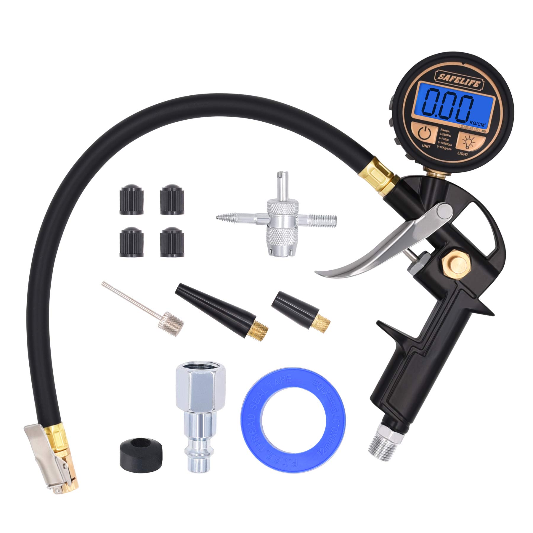 Digital Tire Pressure Gauge with Inflator, 250 PSI Air Chuck Compressor Accessories Heavy Duty with Quick Connect Coupler, 0.1 Display Resolution, Car Accessories for SUV, Truck, RV