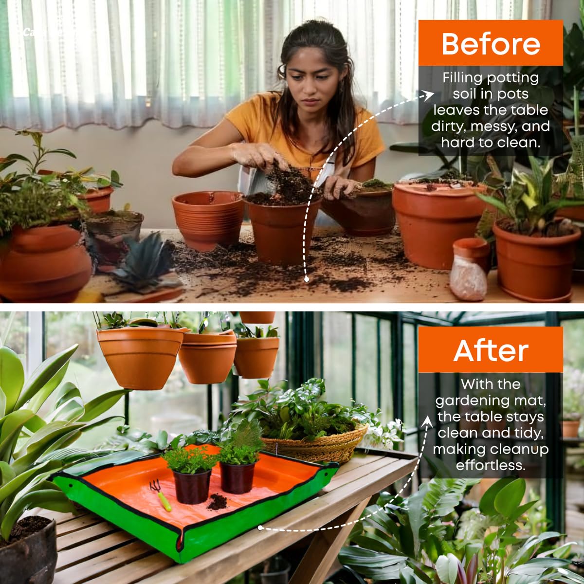 Casa De Amor Gardening Mat 75x100 cm | Waterproof & Foldable HDPE Mat with Snap Buttons | for Soil Mixing, DIY & Plant Care | Green-Orange (Pack of 1) - Image 4 thumbnail