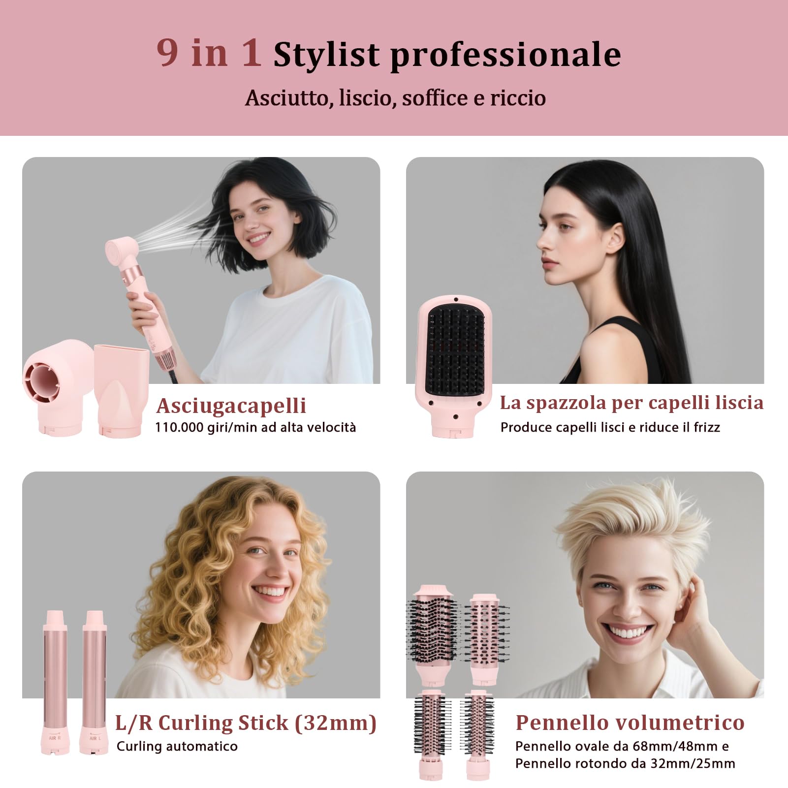 Sonew 9 in 1 Multi Hairstyler, 110.000 giri/min, Styler per Capelli con Ioni e Phon, Arricciacapelli Automatico 32 mm, Spazzola ad Aria Calda 68 mm/48 mm/32 mm/25 mm, Spazzola Lisciante
