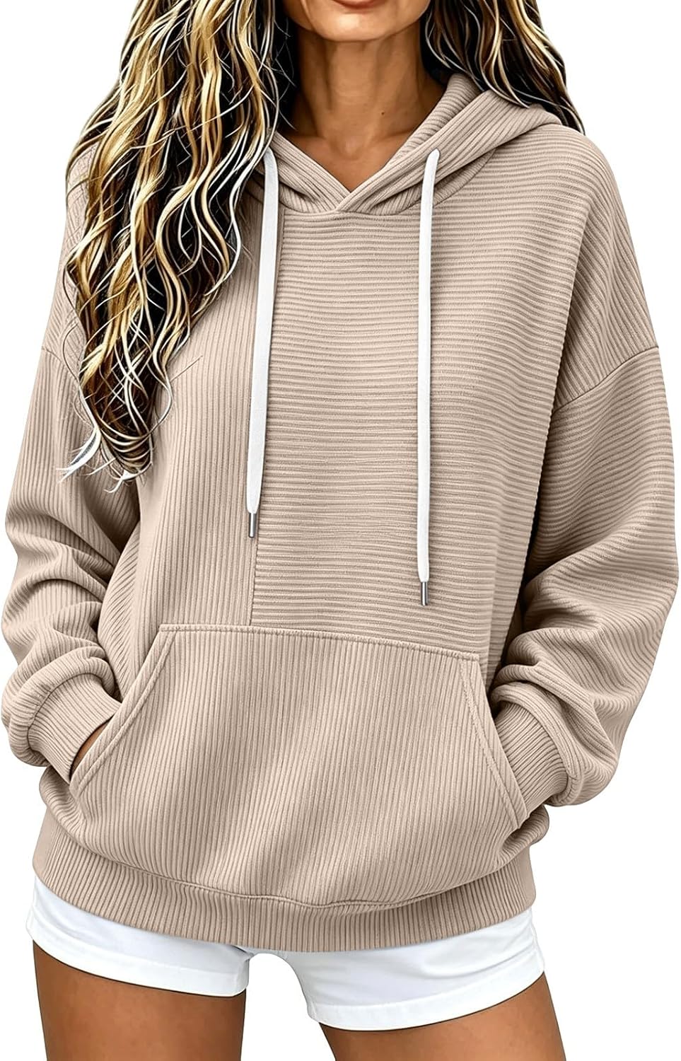 Women Striped Patchwork Hoodie,Long Sleeve,Ribbed Pocket Casual Pullover | Eye‑catching patchwork detail, rib‑trim pocket, fashionable layering piece for cold‑weather daily looks