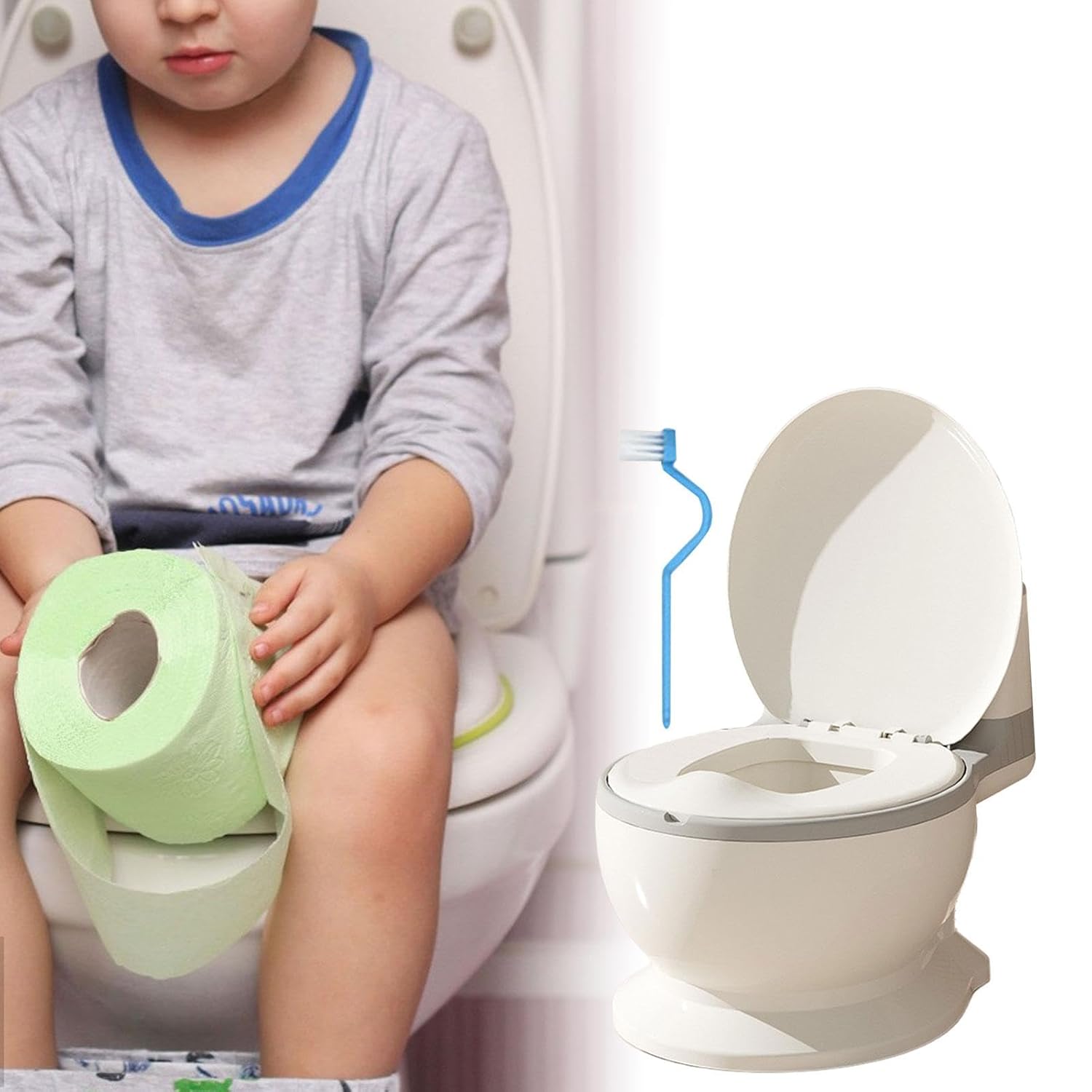 Toilet Training Potty Realistic Toilet Compact Size Includes Cleaning Brush Potty Potty Seat for Bedroom Girls Boys Infants, Gray PP Seat