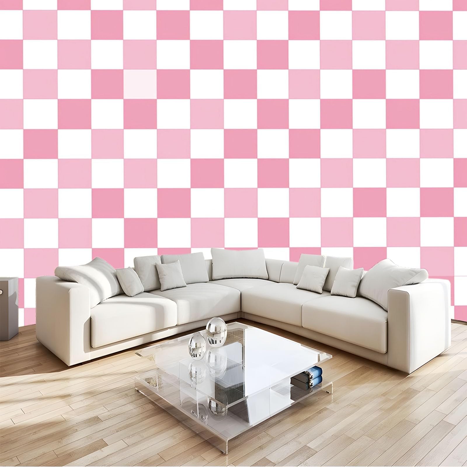 Photo Wallpaper Light Pink Checkered Pattern Non-Woven Premium Art Print Pink Wall Mural Decoration Poster Picture Design 200 x 140 cm (WxH) for Living Room Bedroom & Dining Room