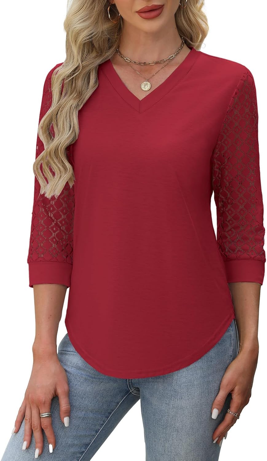 Spring Tops for Women 3/4 Sleeve V Neck Lace Blouse Dressy Casual Womens Tops S-XXL - Image 4