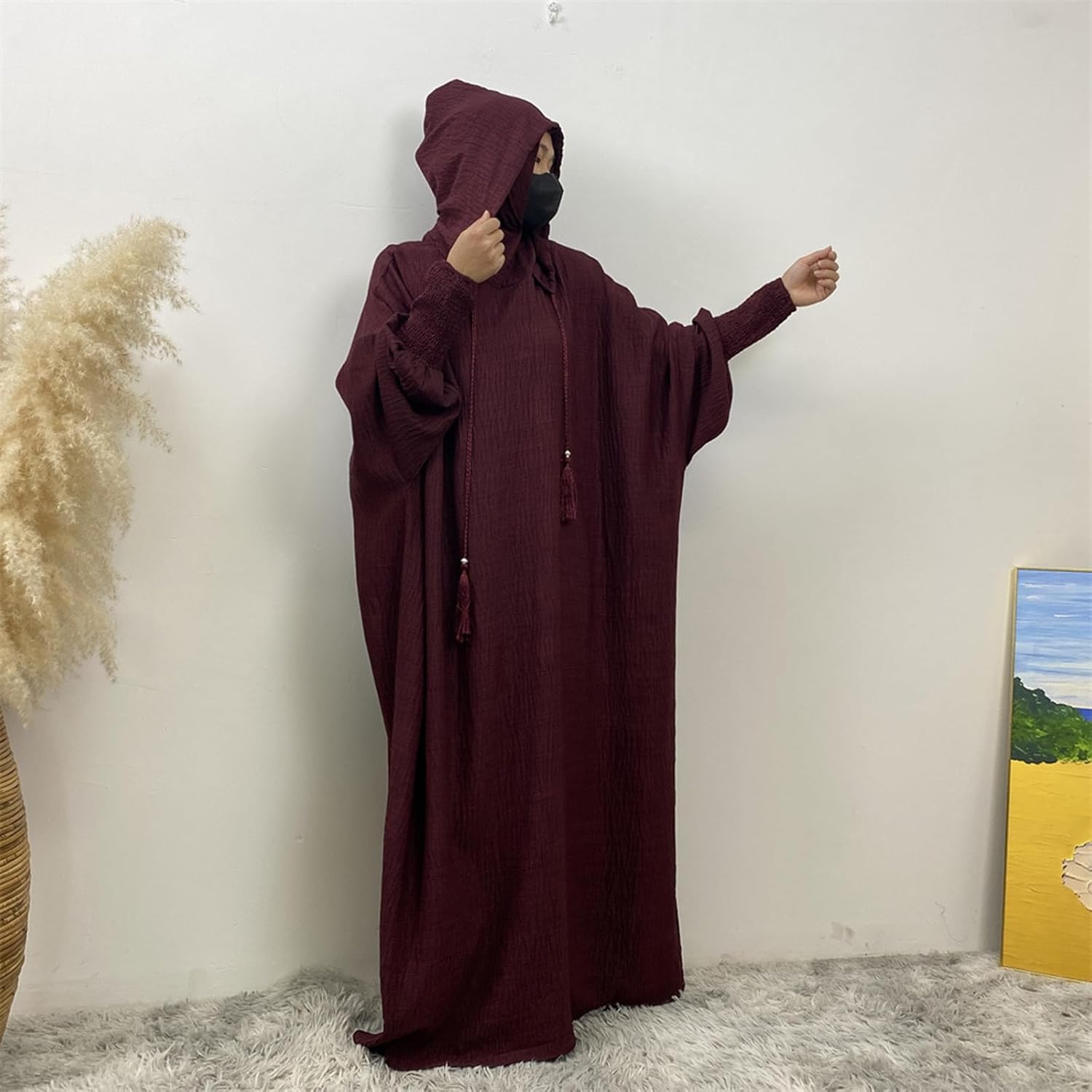 FZYLQY Womens Muslim Abaya Long Sleeve Hooded Kaftan Maxi Dress Loose Fit Islamic Jilbab with Tassel Details for Prayer