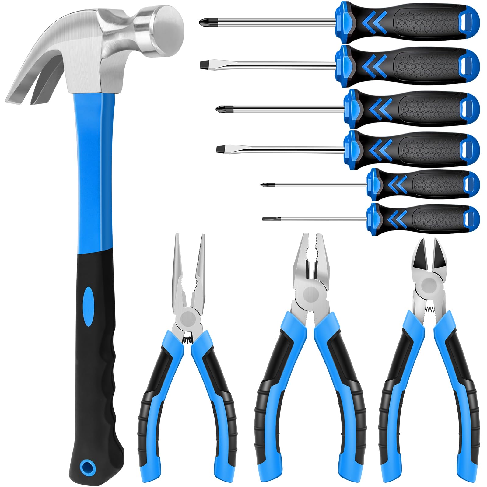 10-Piece Pliers & Screwdriver & Hammer Set, 3X 6-Inch Pliers (Wire/NeedleNose/Diagonal), 6X S2 Magnetic Screwdrivers (Phillips/Flat), 1x Claw Hammer,Hand Tool Kit for DIY & Home Repair