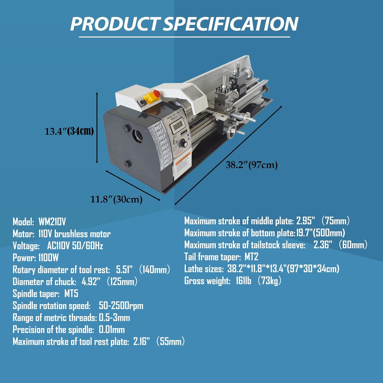 8"x24" Mini Lathe Metric Precision Metal Bench Lathe 1100W DIY Brushless Motor Variable Speed Lathe 110V WM210V