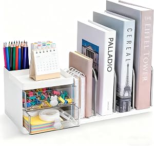 Desk Organiser with File Holder & Drawers, Versatile Desk Tidy Stationery Storage Pen Holder, Large Capacity Desktop Organizer for School Office Home (White)