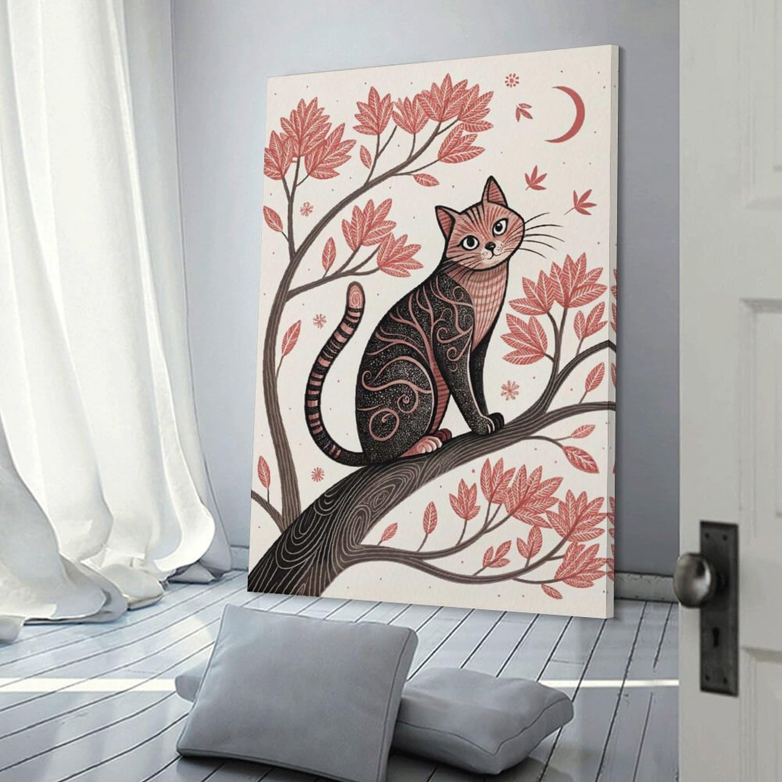 Junmoney Cat on A Branch with Autumn Leaves Canvas Art Print 20x30inch(50x75cm), for Feature Walls in Flats Or Modern Rooms, Decorative Artwork with Flexible Styling