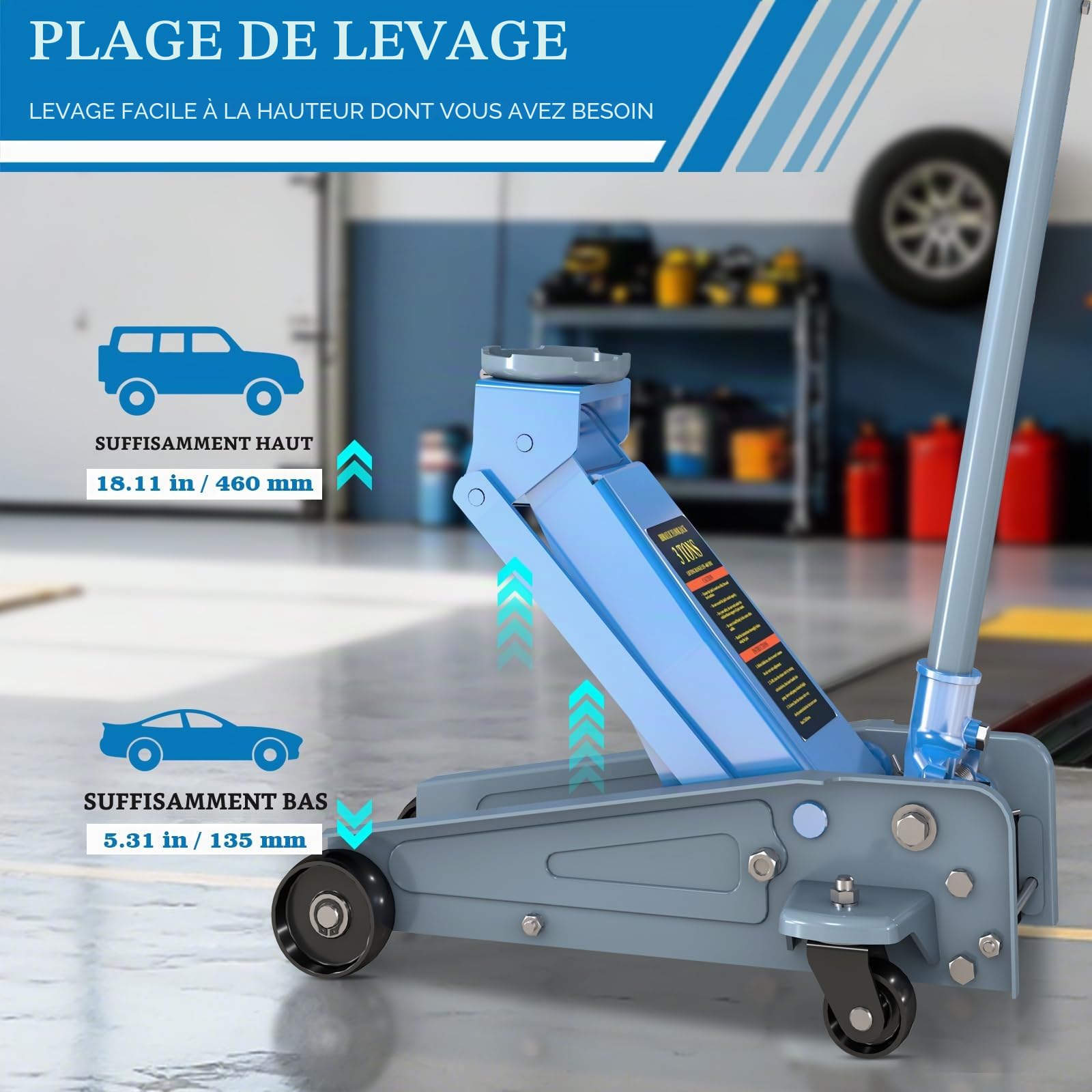 LARBANKE Cric Hydraulique 3 Tonnes - Cric de Manœuvre Professionnel avec Levage Rapide - Hauteur 135-460 mm - roulettes 360° pour Voiture, SUV et Utilitaire - Acier au Carbone Haute Résistance