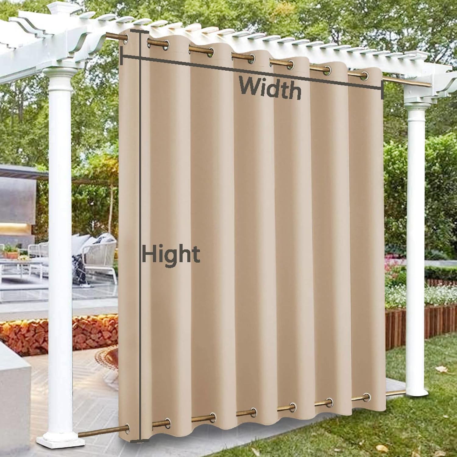 Outdoor Curtain Waterproof Extra Patio Windproof Energy Saving Top and Bottom Stainless Steel Grommets for Porch Khaki (Width x High) W98.42 x H47.24 x 1PC