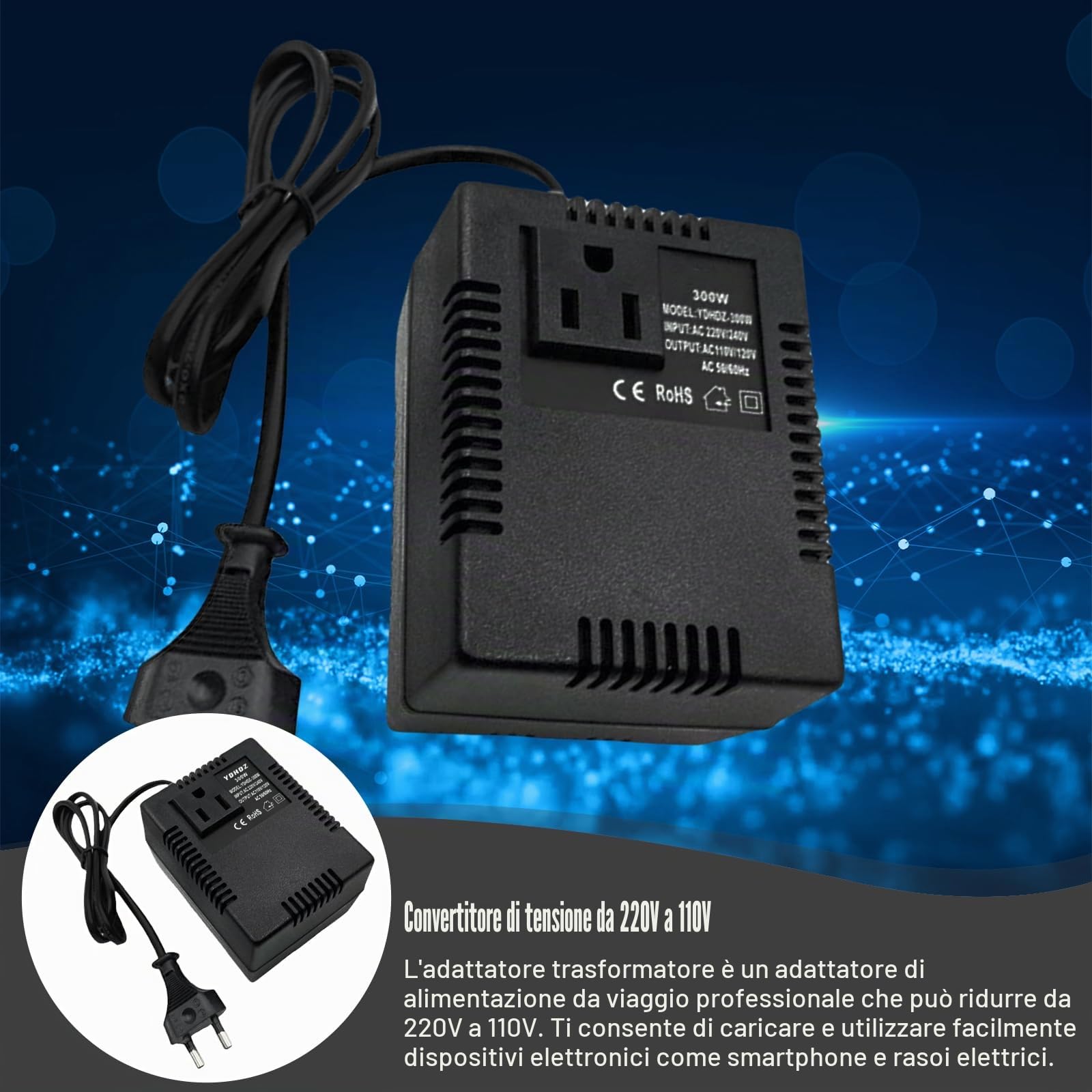 Convertitore di Tensione 220V a 110V 300W, Trasformatore di Alimentazione Step Down Compatto per Dispositivi Elettrici, Adattatore di Corrente Portatile per Viaggio Casa Ufficio