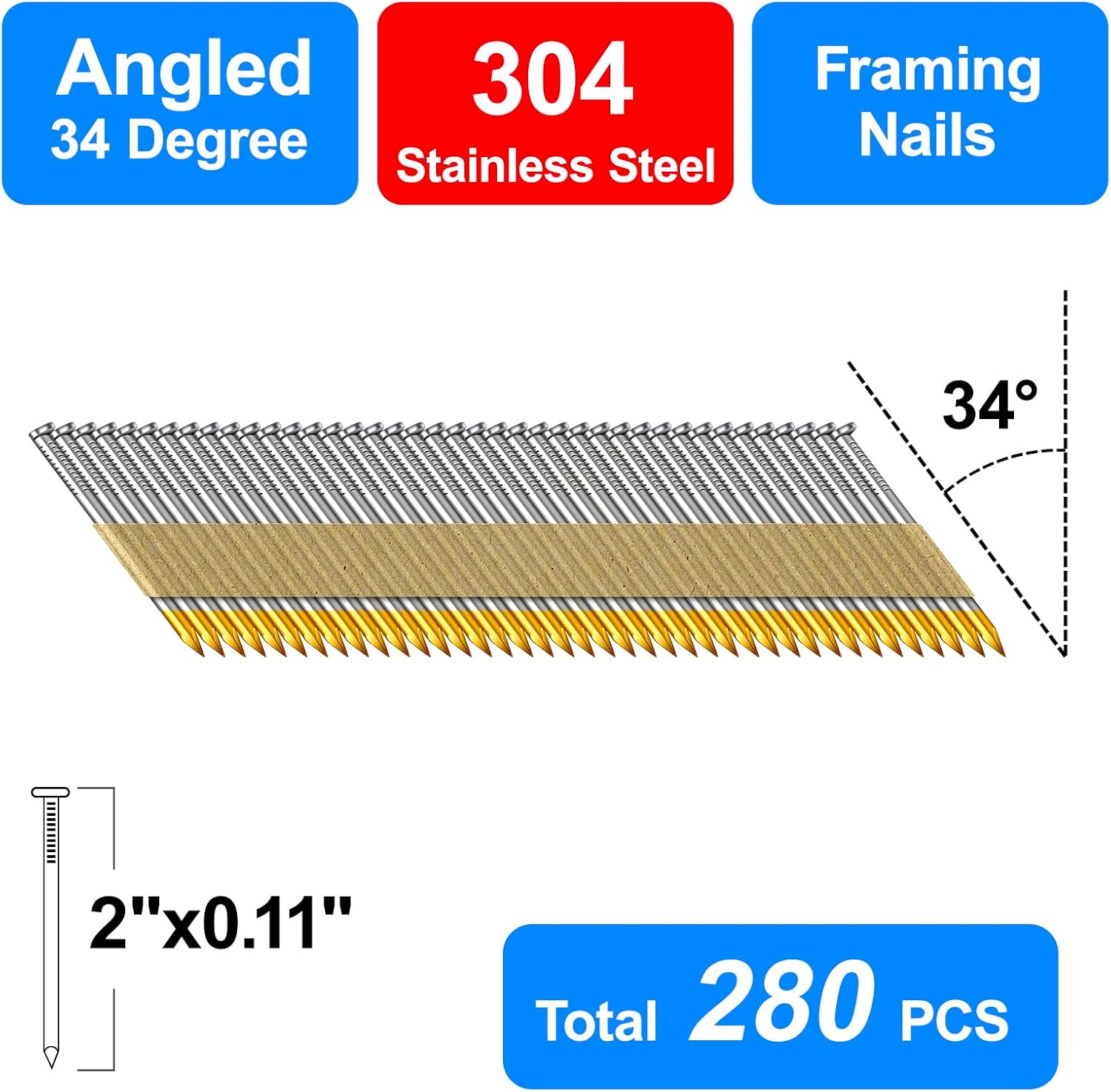 34-30 Degree Framing Nails 304 Stainless Steel D Head Smooth Shank Paper Tape Strip Nails for 30 to 34 degree Framing Nailer (2"-280 PCS)